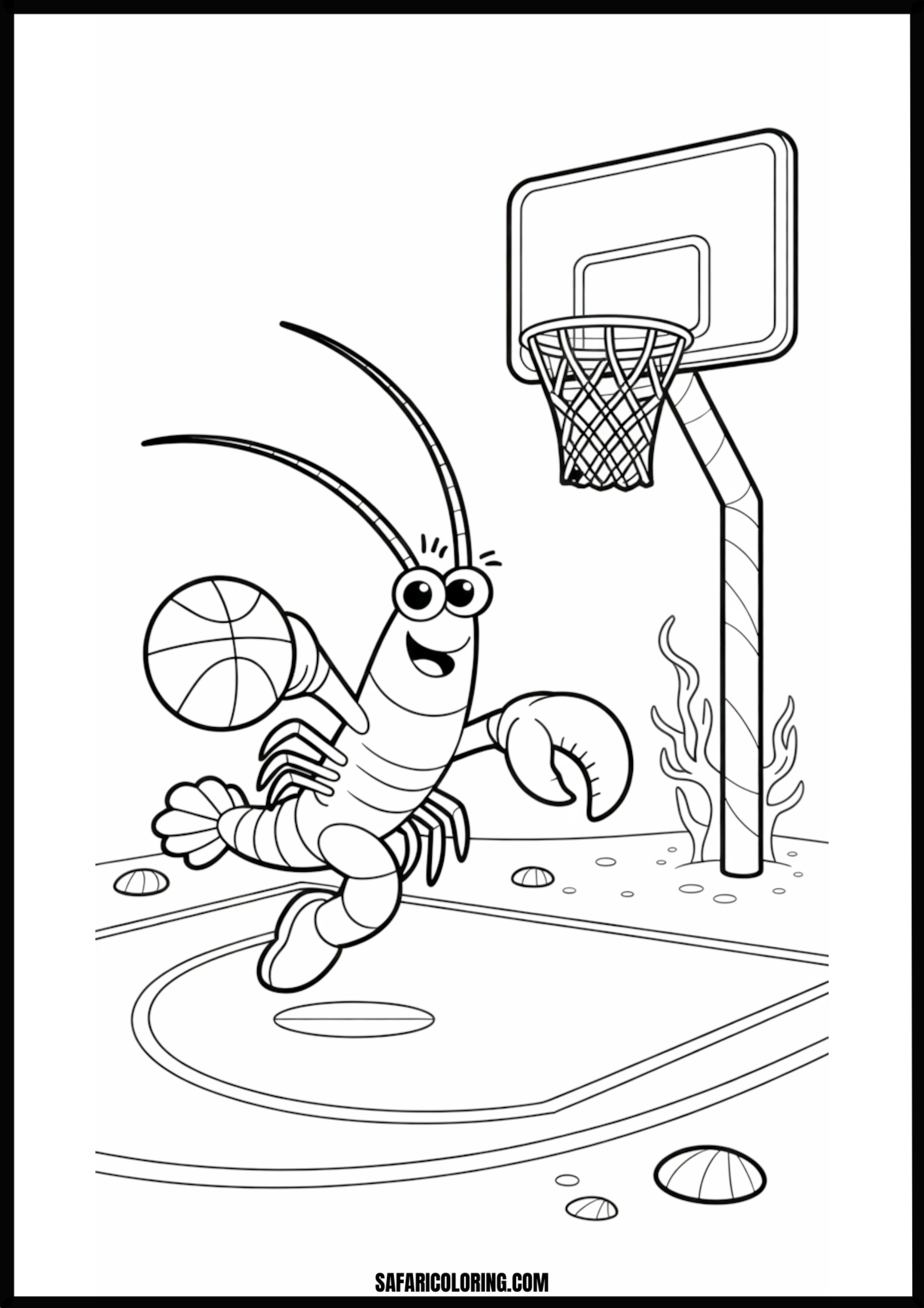 Color the Lobster Playing Basketball Underwater A lobster playing basketball underwater.
