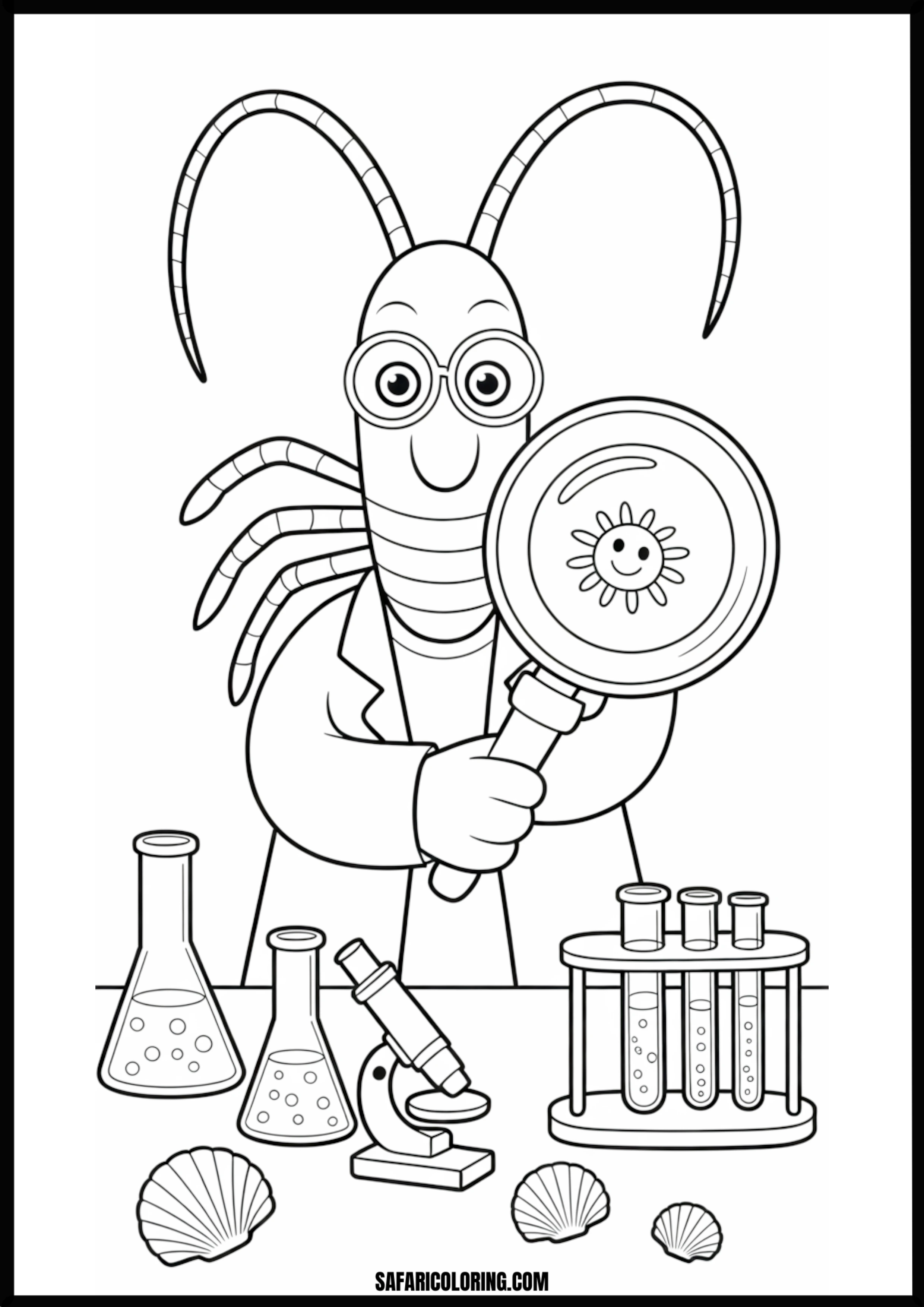 Color the Lobster Scientist A lobster scientist with a magnifying glass and lab equipment.