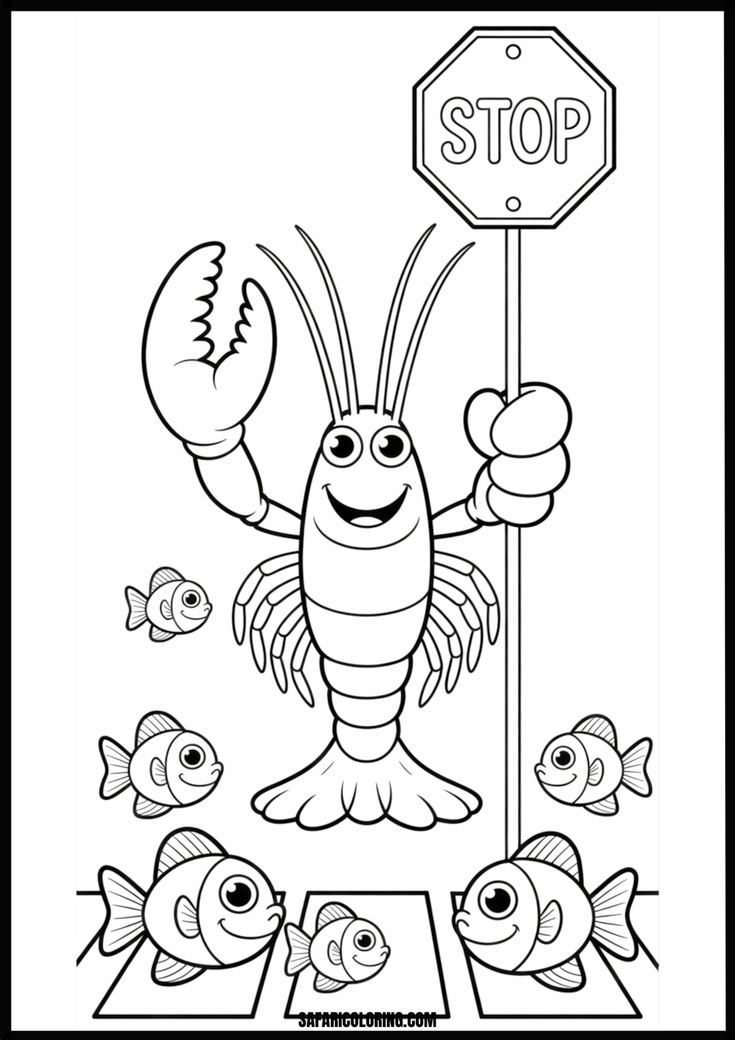 Color the Lobster with a Stop Sign A lobster stopping fish with a stop sign.