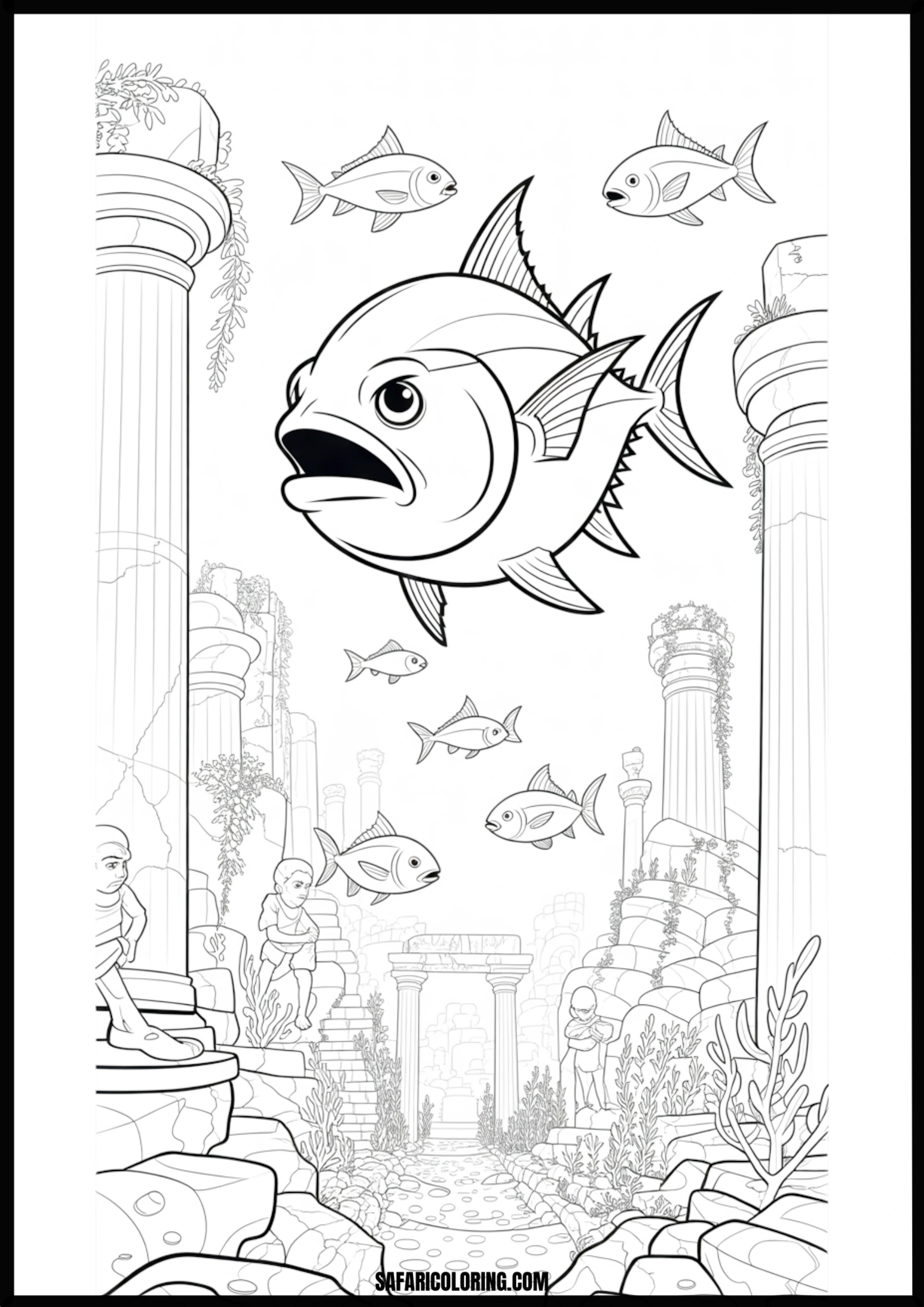 Lost City Underwater with Giant Fish Coloring Page An ancient lost city underwater with giant fish swimming among ruins.
