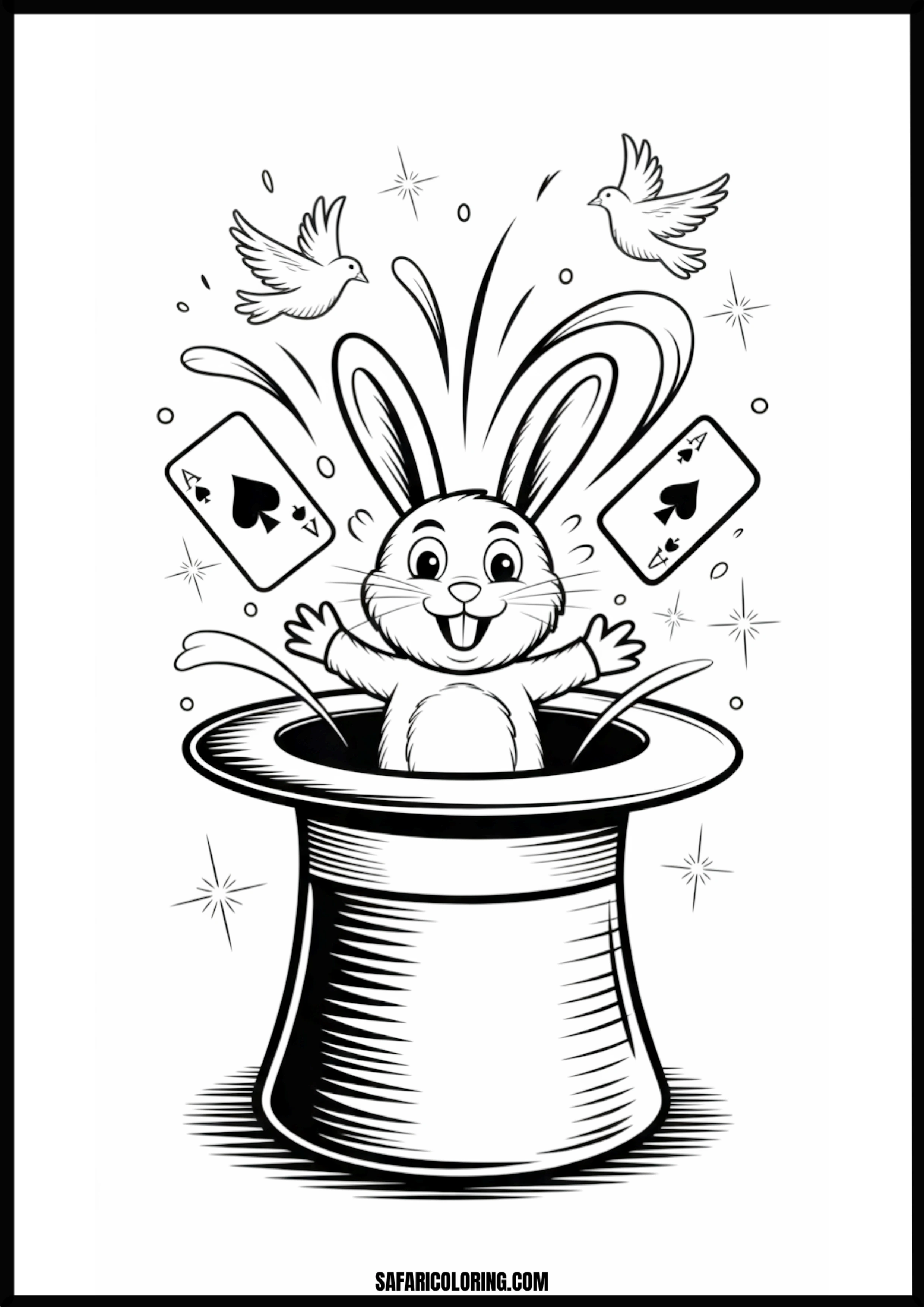 Cartoon bunny magician with a top hat, doves, and playing cards.