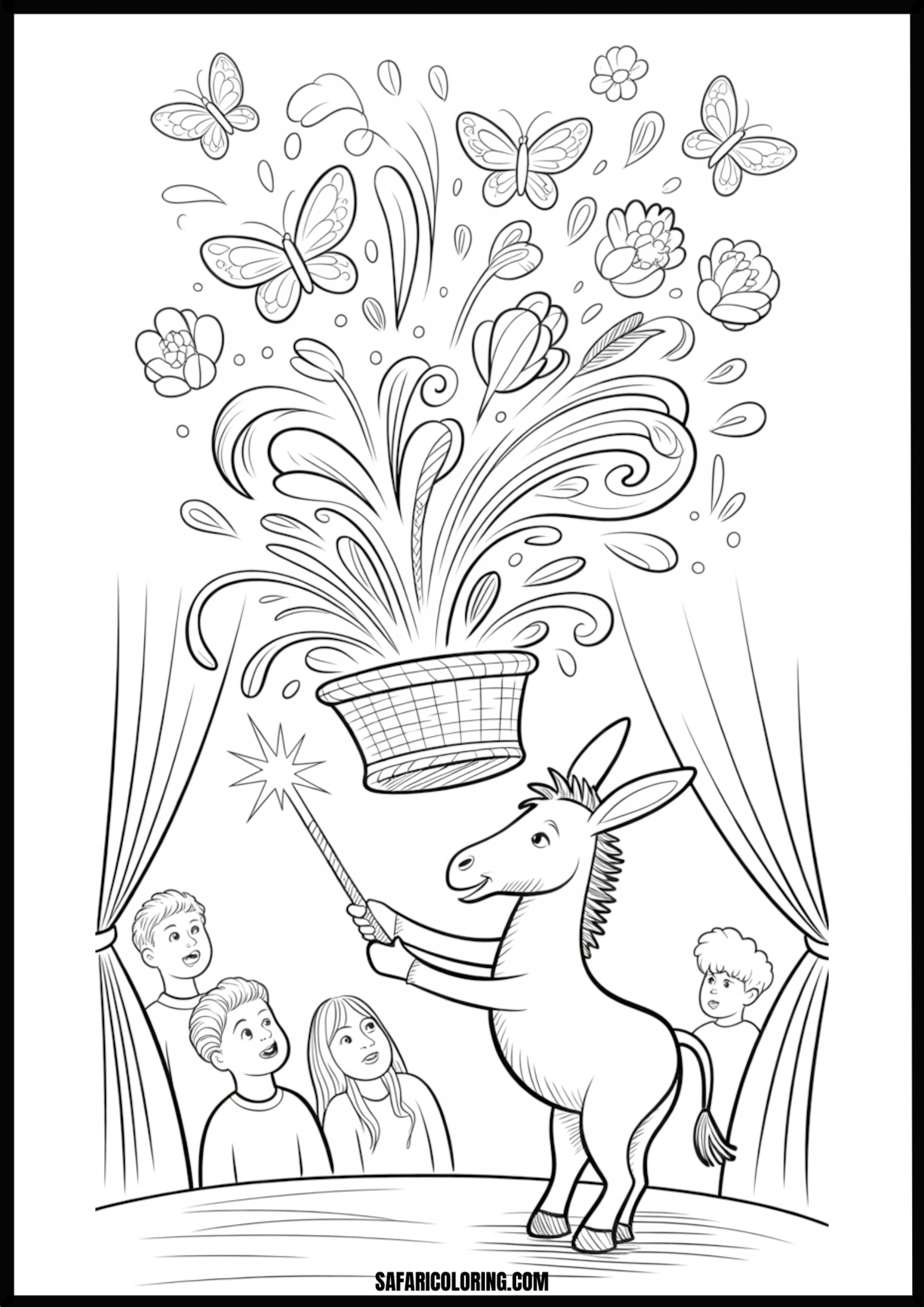 Magical donkey surrounded by conjured flowers and butterflies, delighting children.