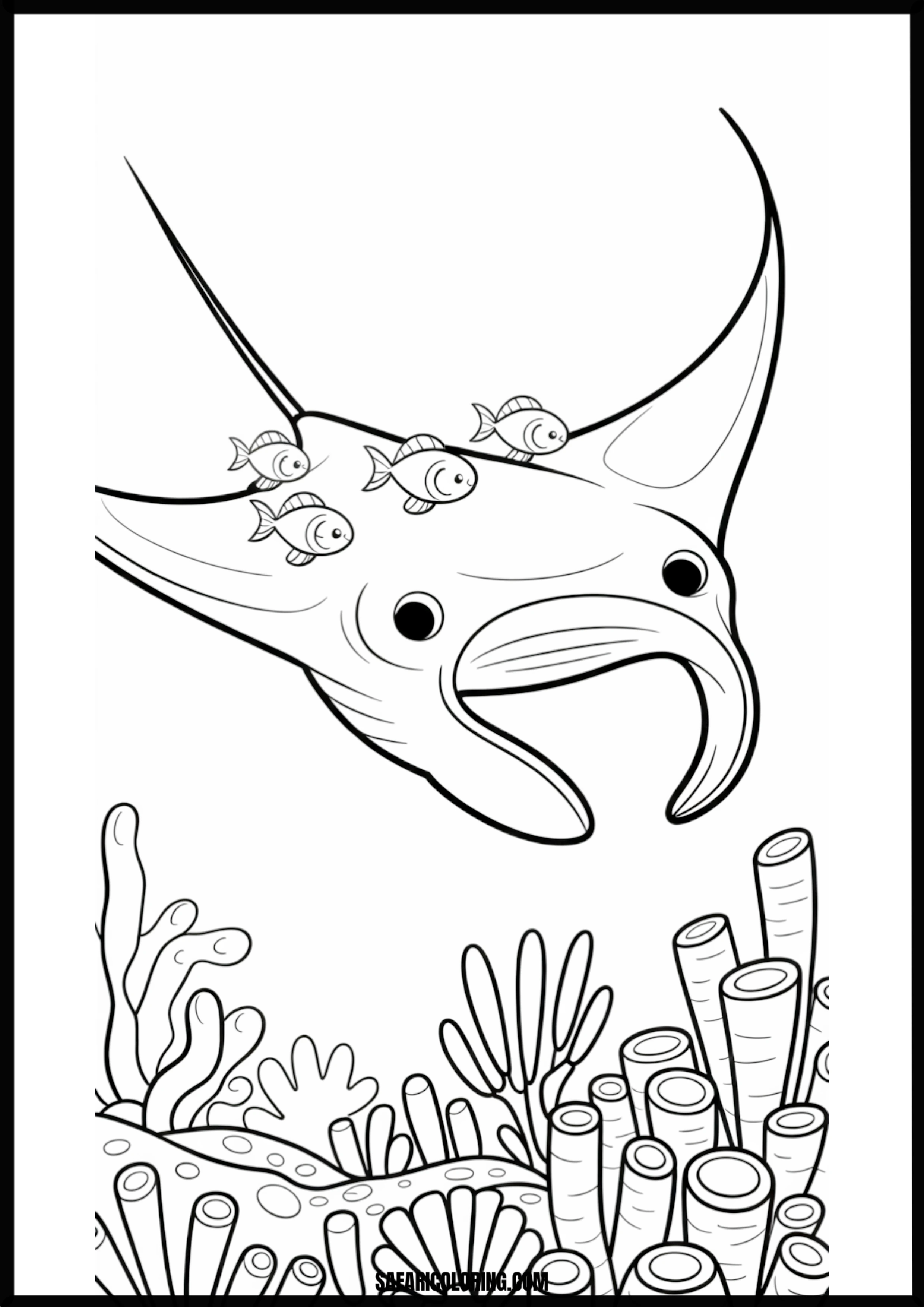 Manta Ray Fish and Coral Reef Coloring Page A majestic manta ray swimming above a vibrant coral reef with fish.