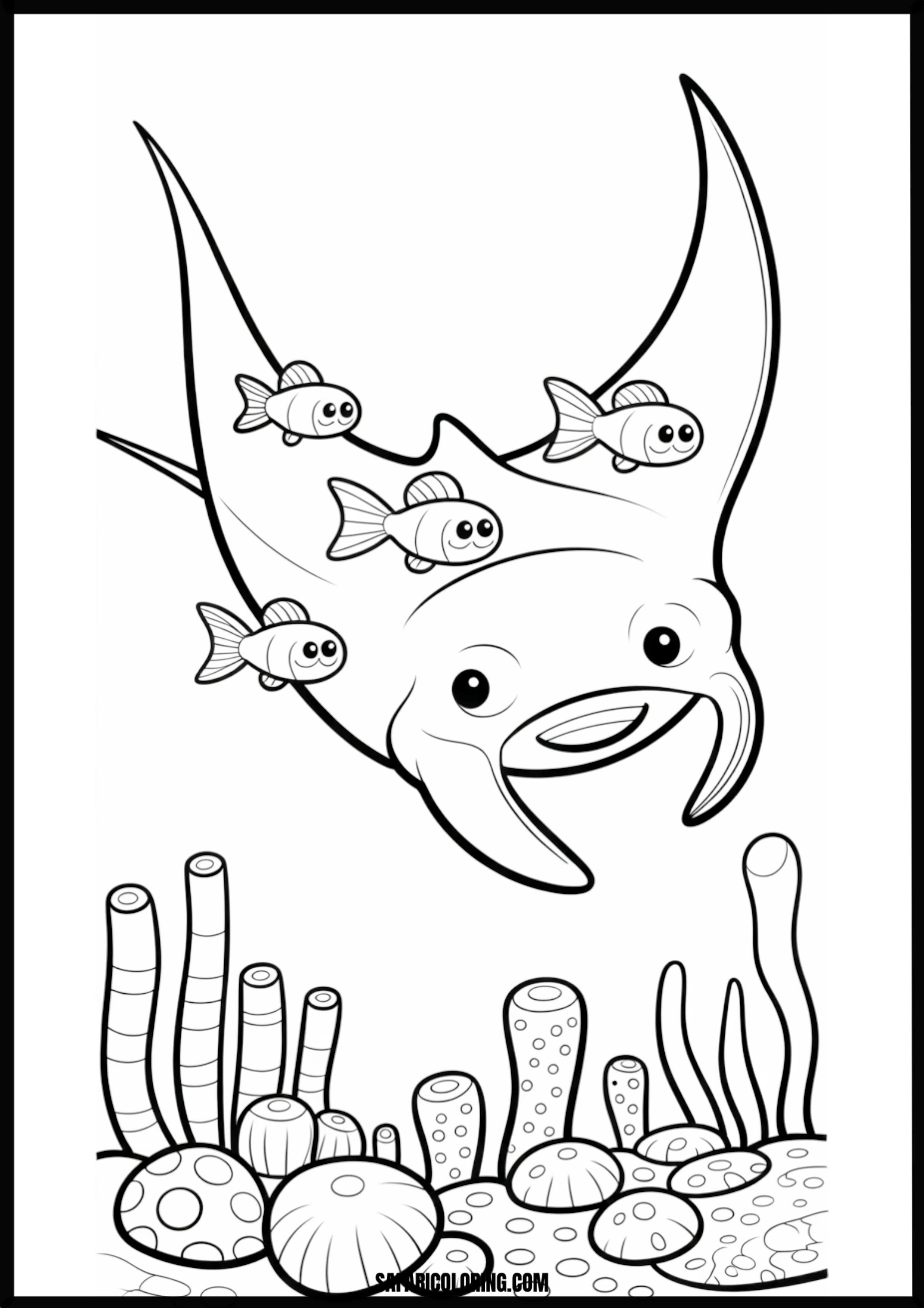 Manta Ray with Fish Coloring Page A detailed manta ray with small fish swimming nearby.