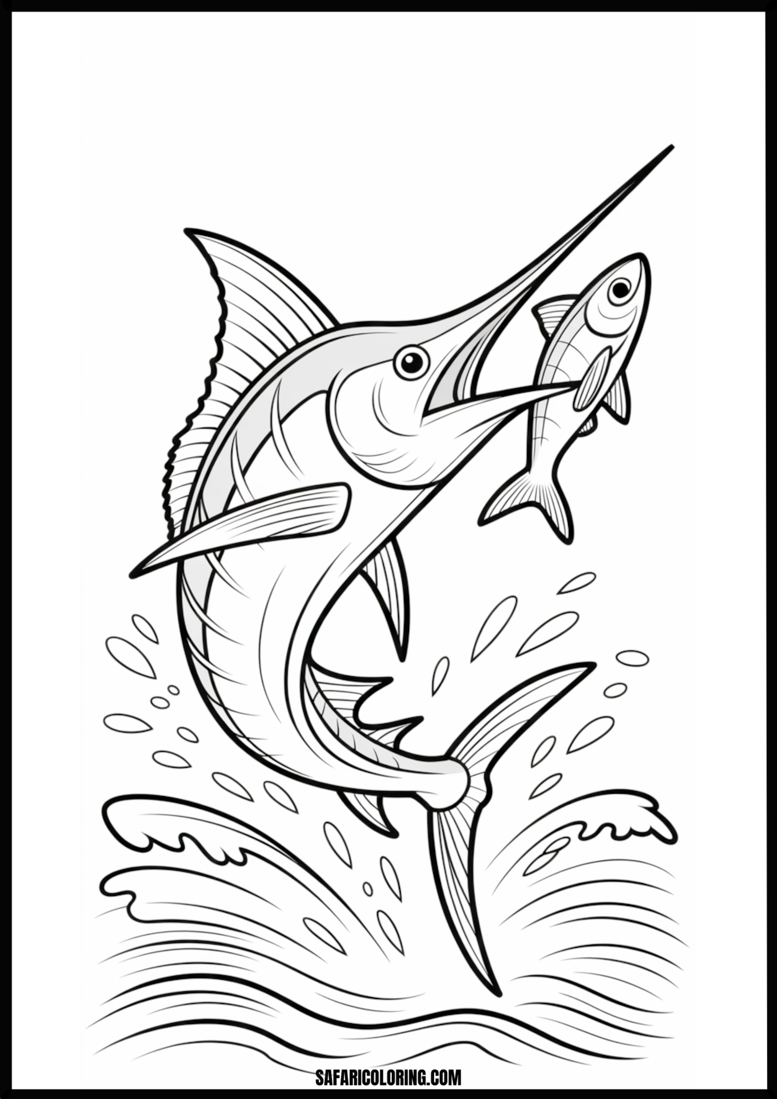 Marlin Leaps from Water with Fish Coloring Page A marlin fish leaping powerfully from the water with small fish around it.