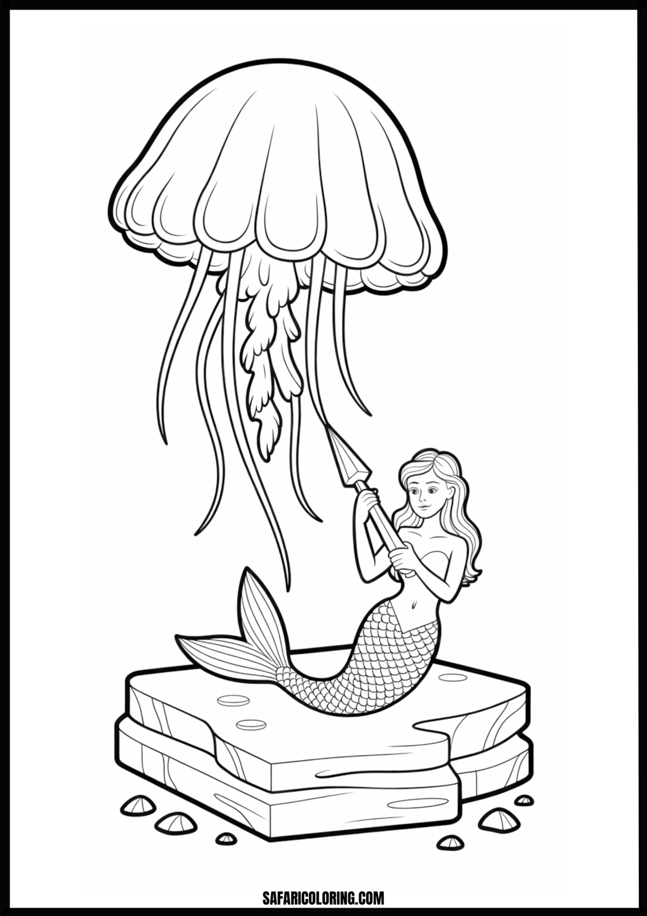 Mermaid with Spear and Jellyfish Coloring Page Brave mermaid with a spear swimming near graceful jellyfish.