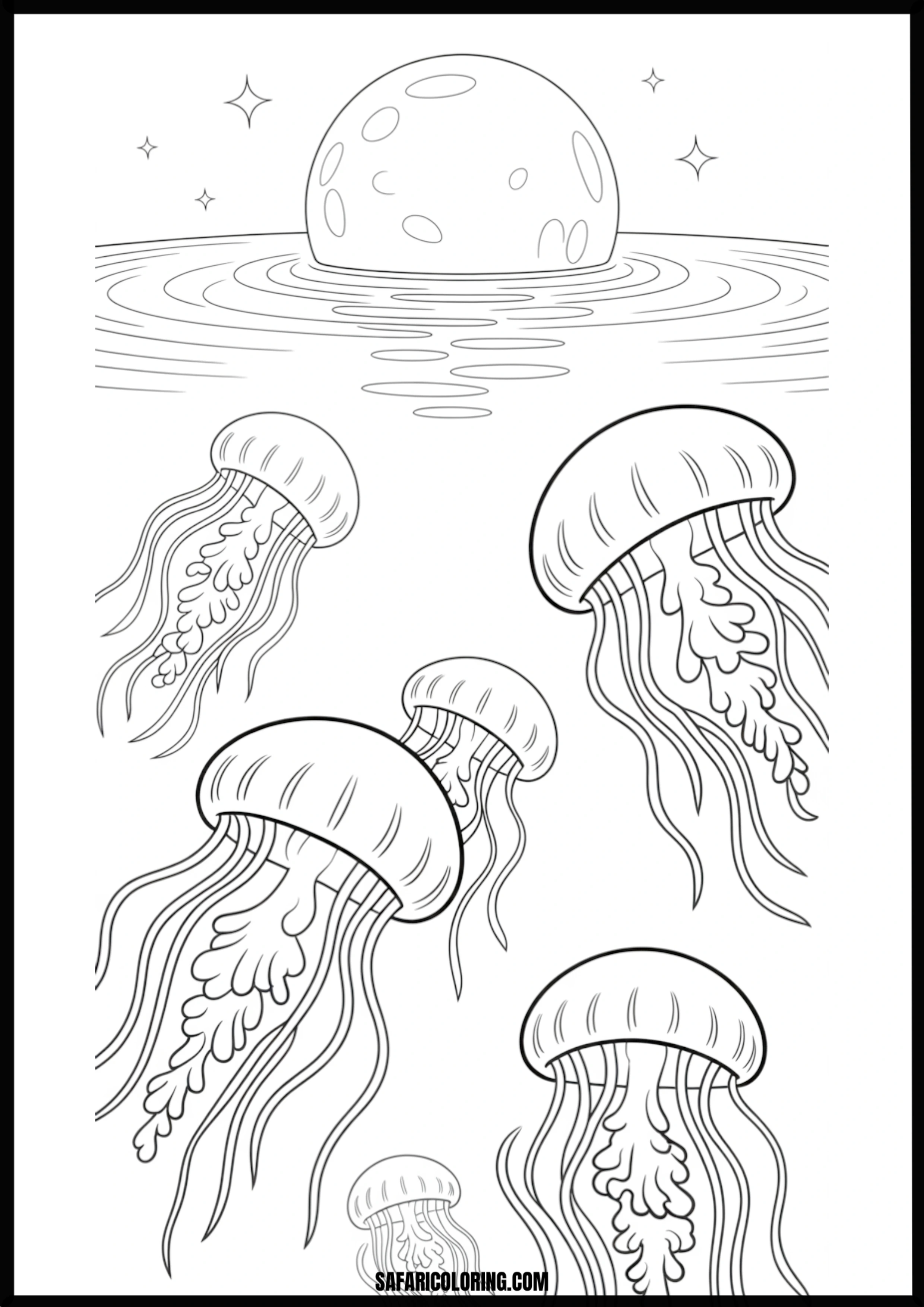 Moonlit Waters and Jellyfish Coloring Page A serene scene of jellyfish floating in moonlit waters.
