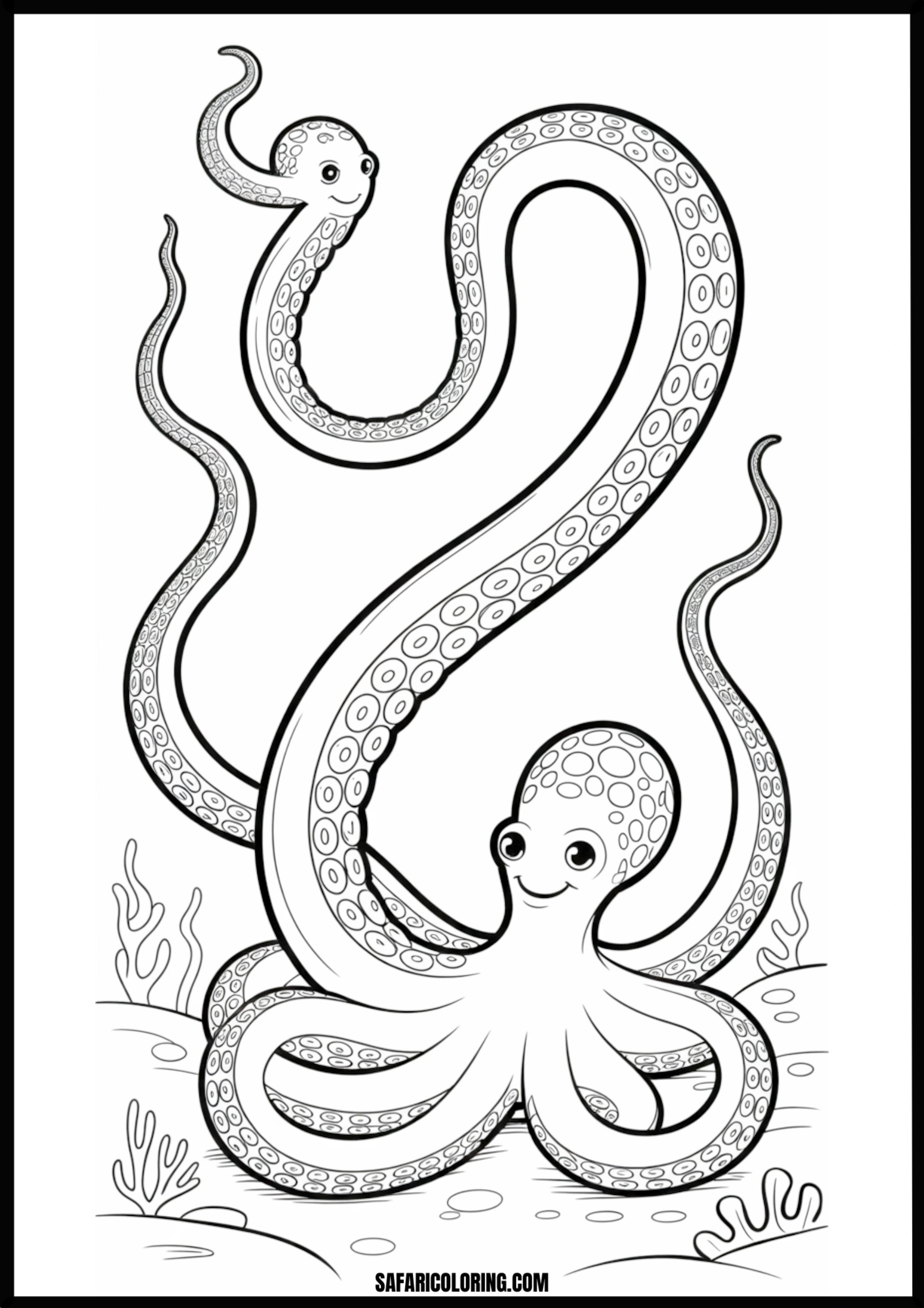 Mother & Baby Octopuses Printable Coloring Sheet An outline drawing of a octopus family for coloring.