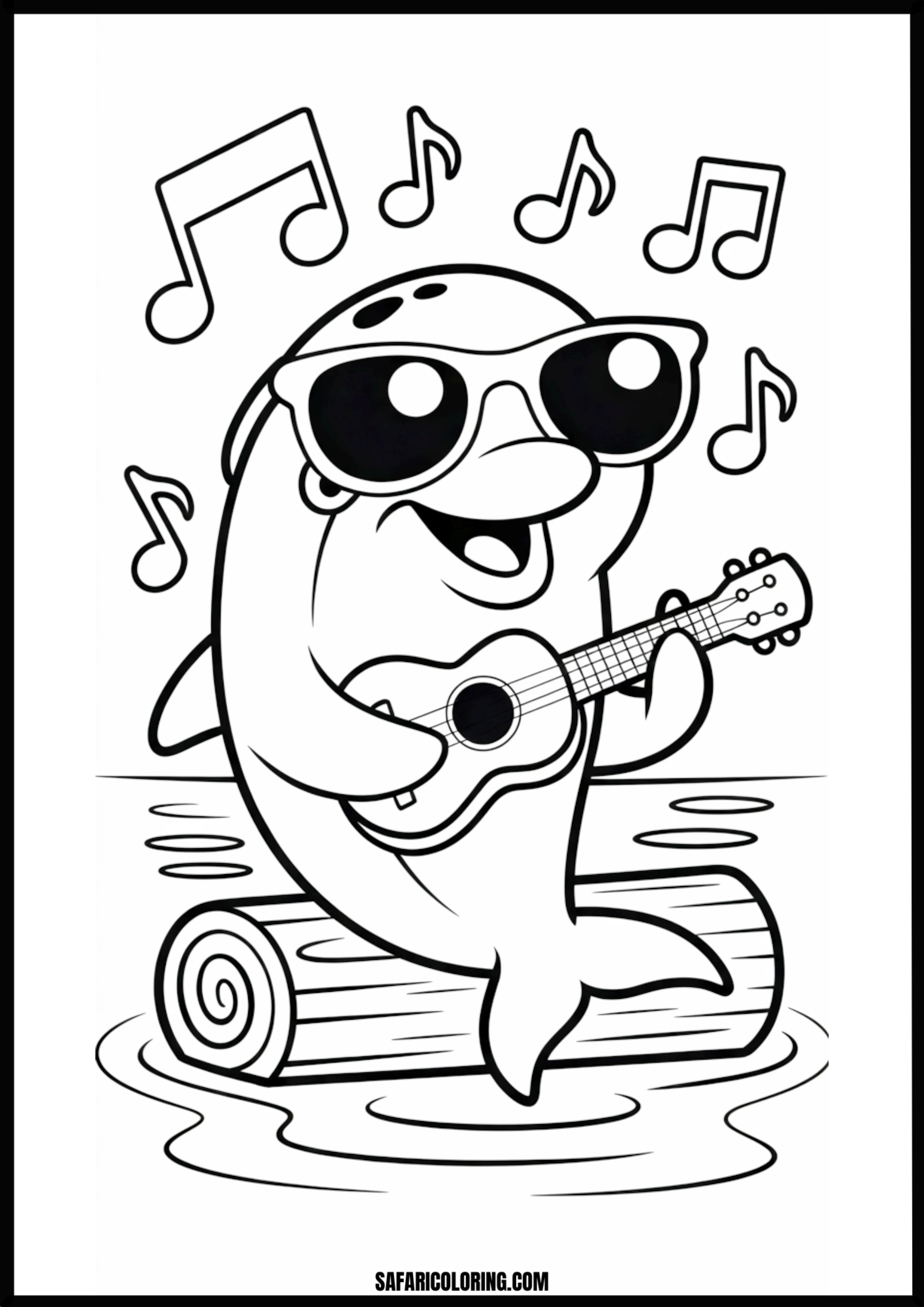 Cool Musical Dolphin Coloring Page Musical dolphin playing ukulele with sunglasses