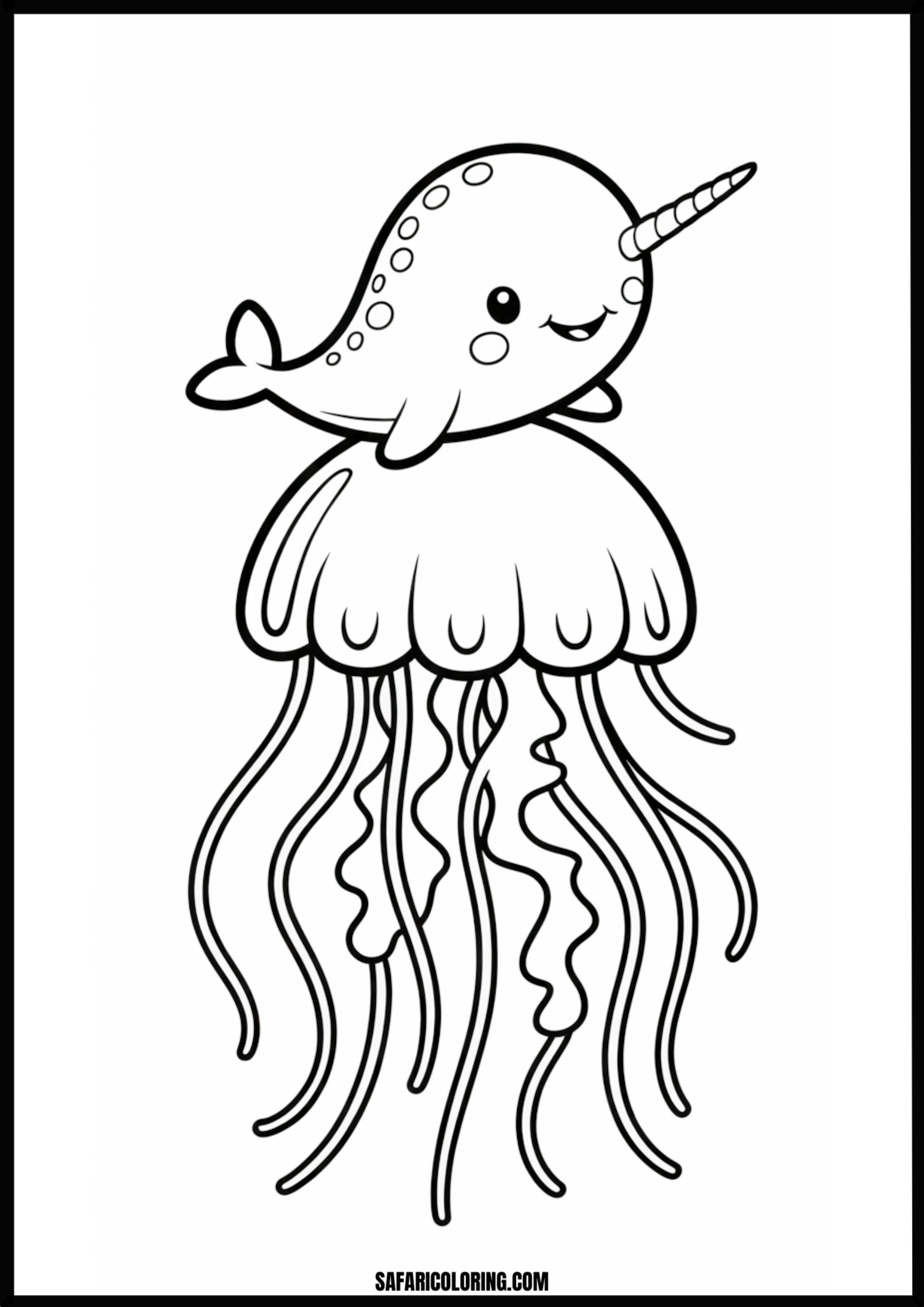 Whimsical Narwhal Riding Jellyfish Coloring Page Coloring page of a narwhal riding a jellyfish.