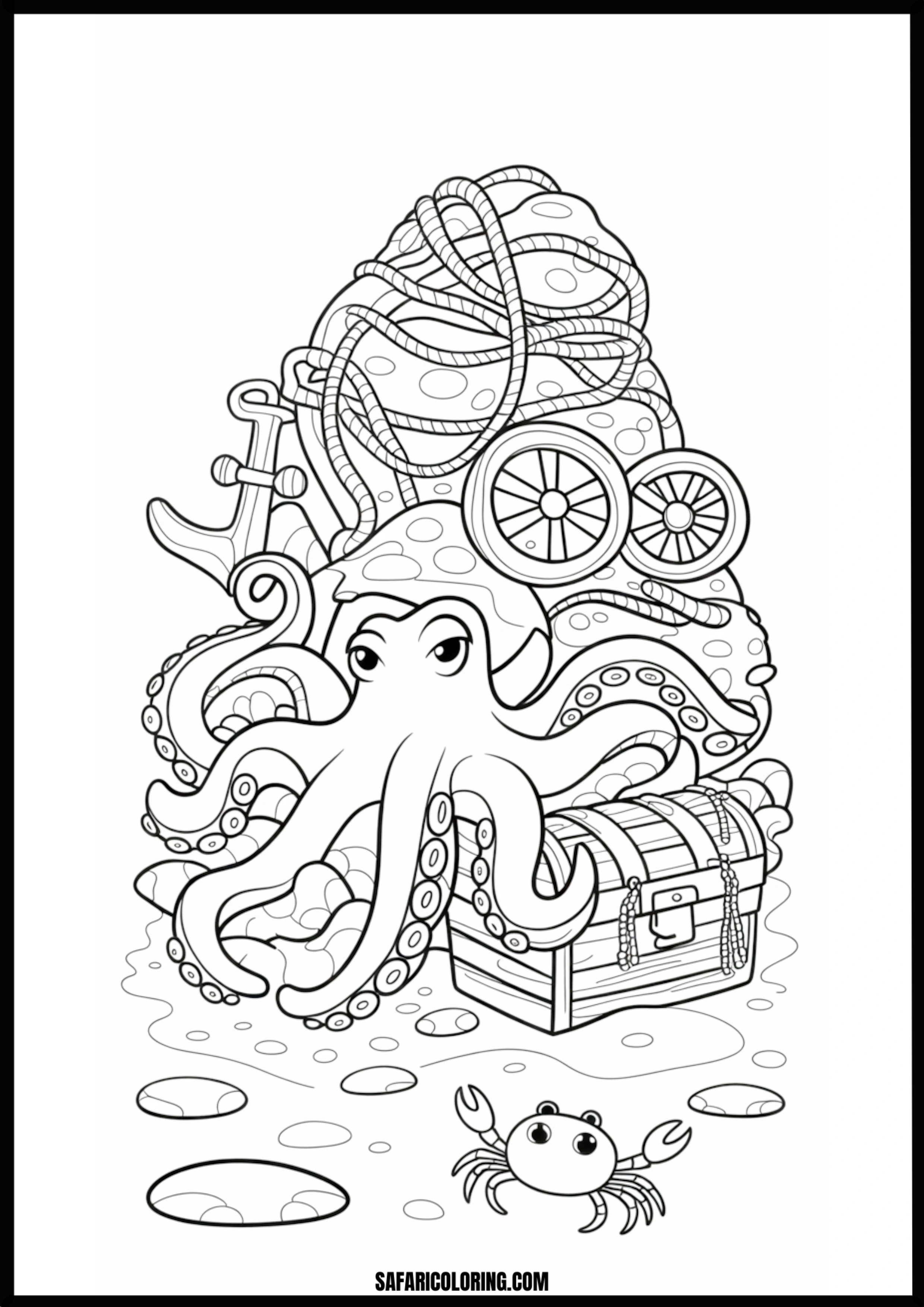 Nautical Octopus Treasure Chest & Crab Printable Coloring Sheet An outline drawing of a octopus treasure chest for coloring.