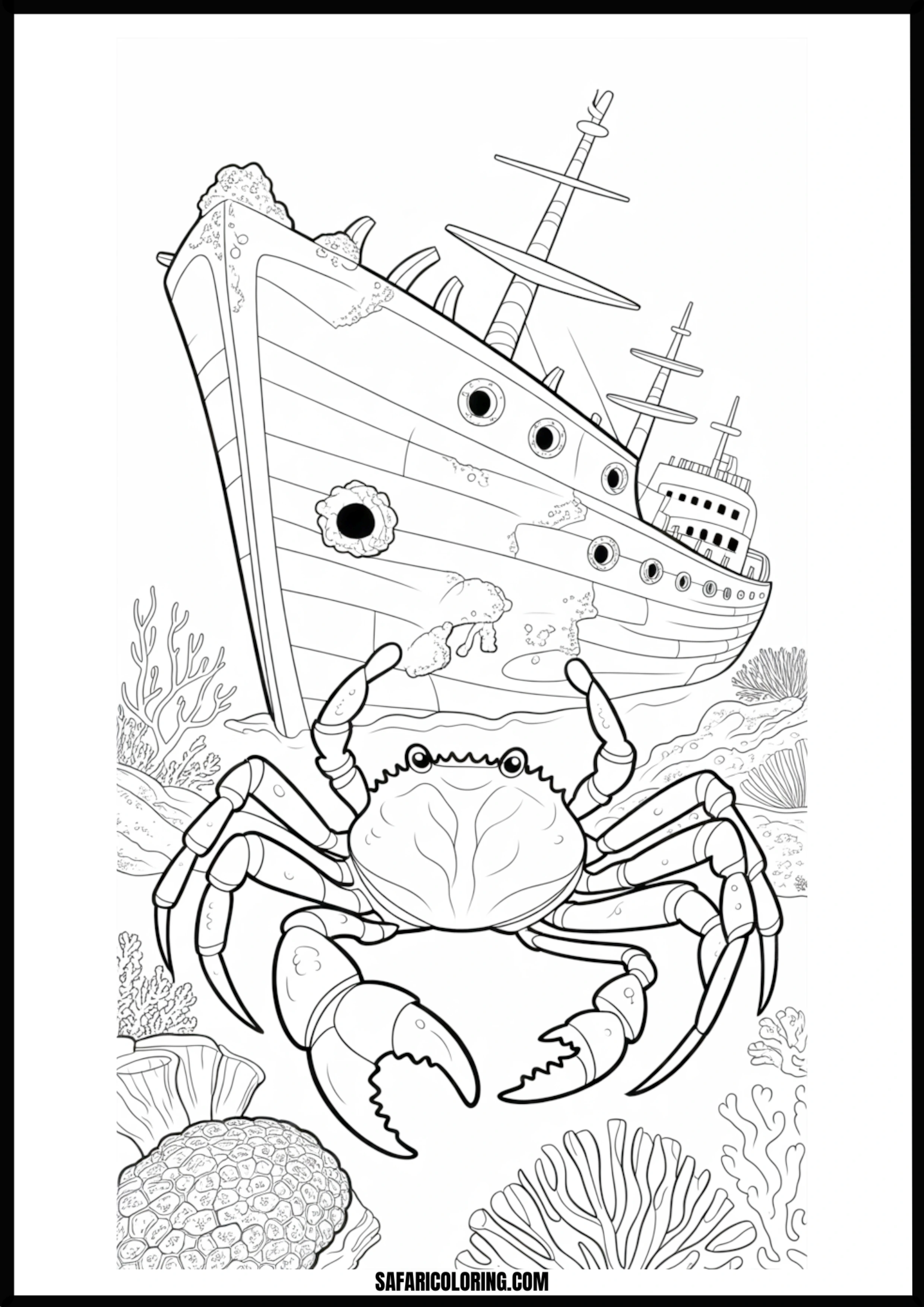 Underwater Shipwreck Adventure A crab exploring an old, sunken shipwreck on the ocean floor.