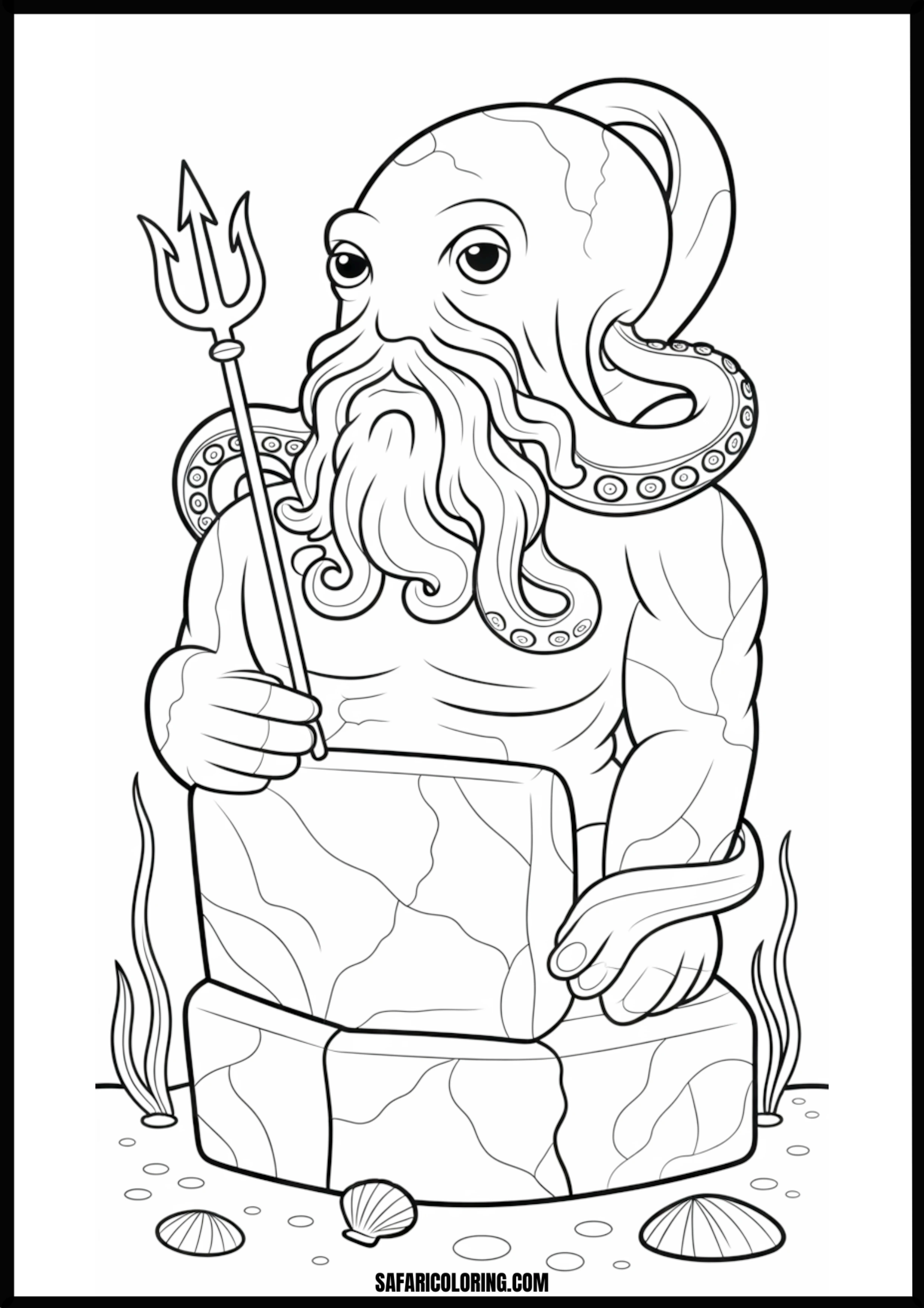 Ocean King Octopus Holding Trident Printable Coloring Sheet An outline drawing of a octopus trident for coloring.