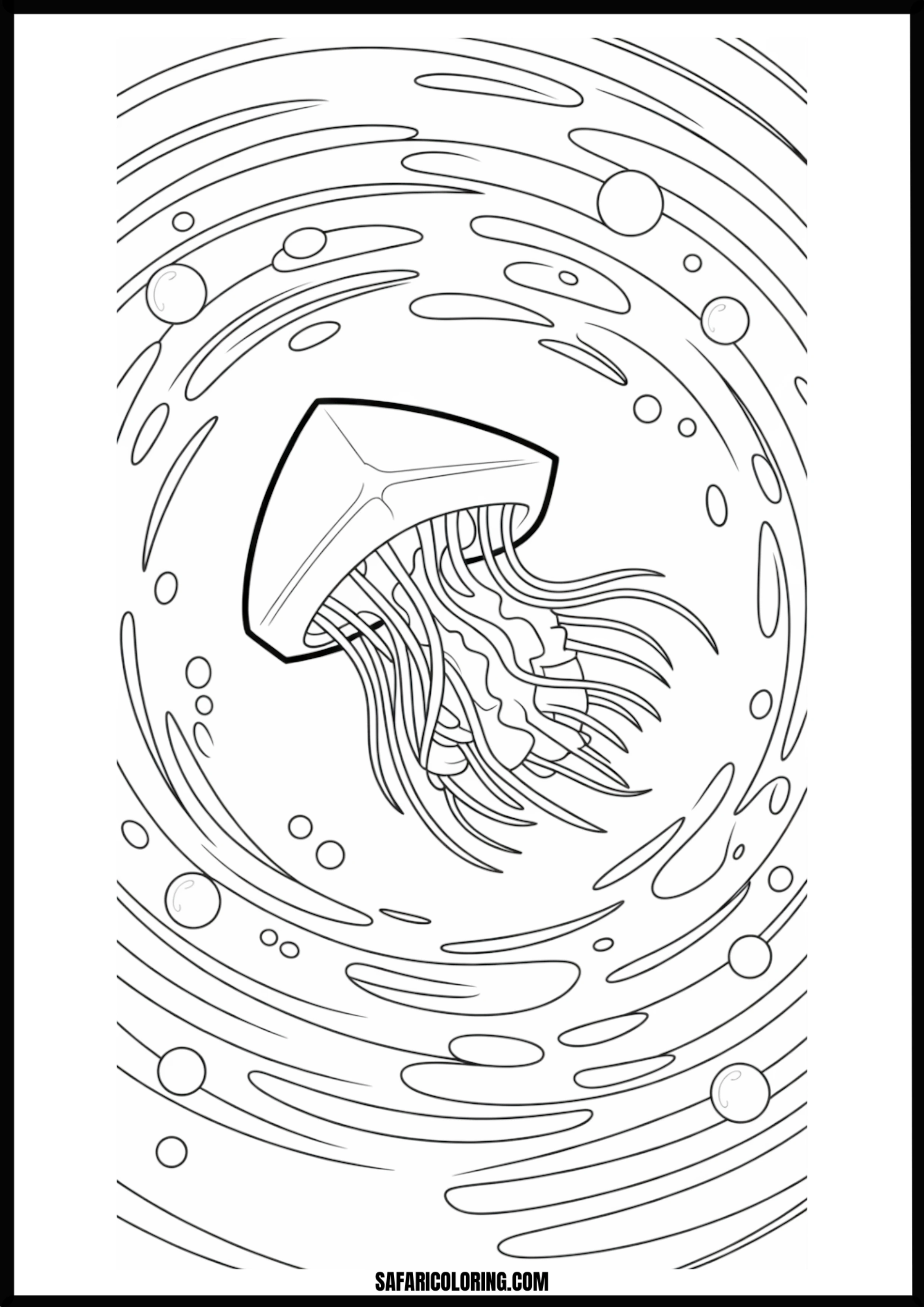 Ocean Jellyfish with Swirling Bubbles Coloring Page Ocean jellyfish surrounded by dynamic swirling bubbles.