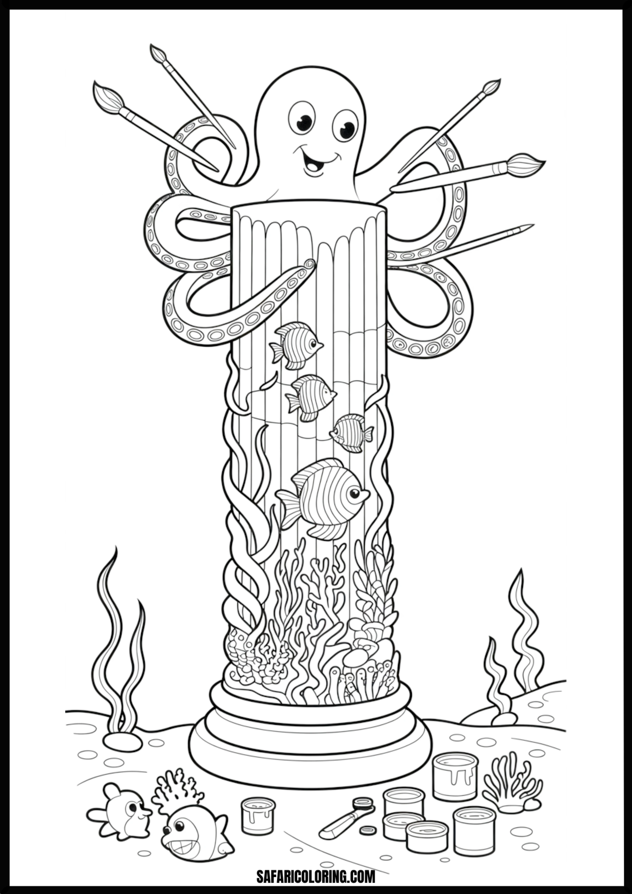 Octopus Artist On Underwater Column With Fish Printable Coloring Sheet An outline drawing of a octopus artist fish for coloring.