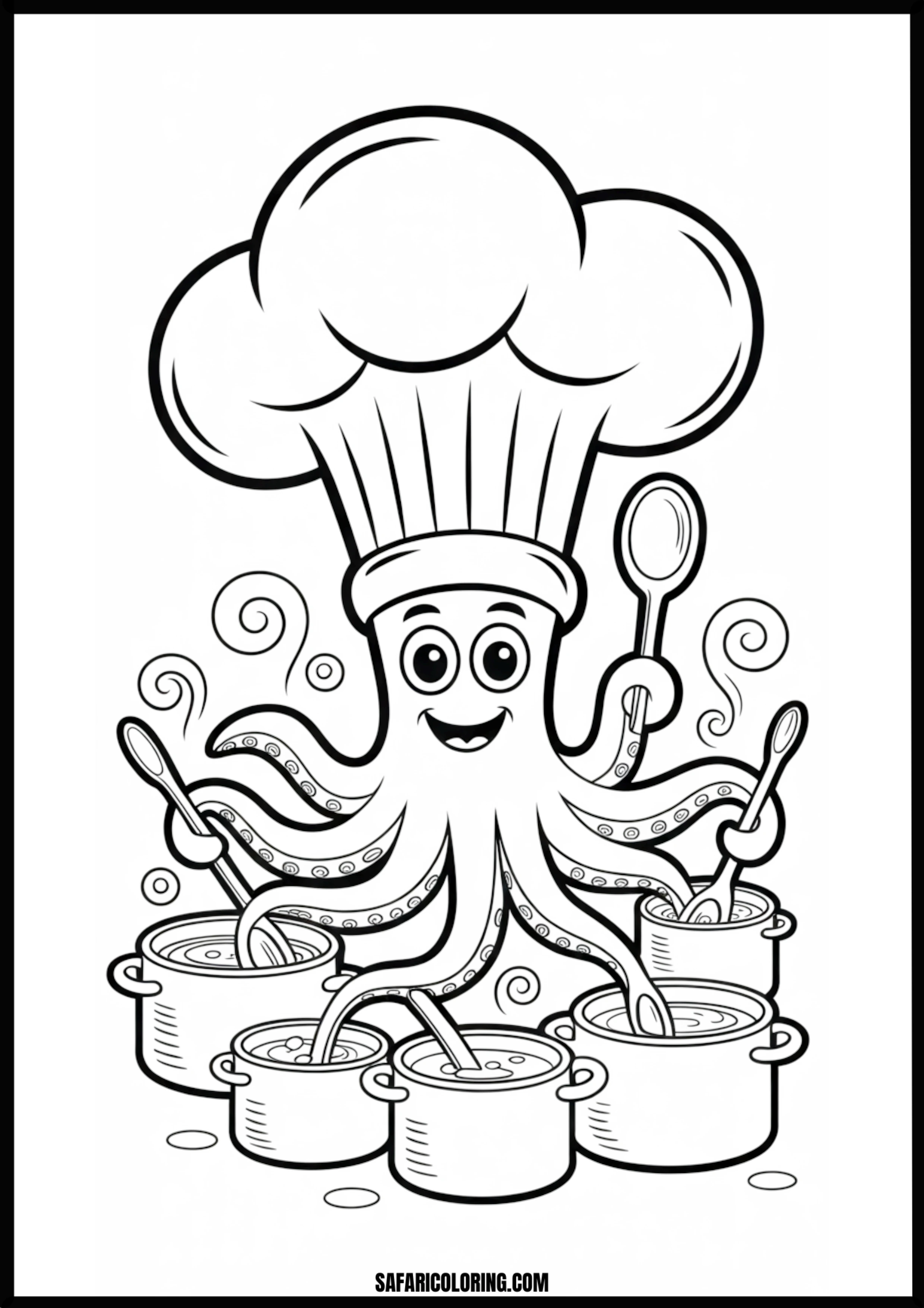 Octopus Chef Stirring Many Pots Printable Coloring Sheet An outline drawing of a octopus chef for coloring.