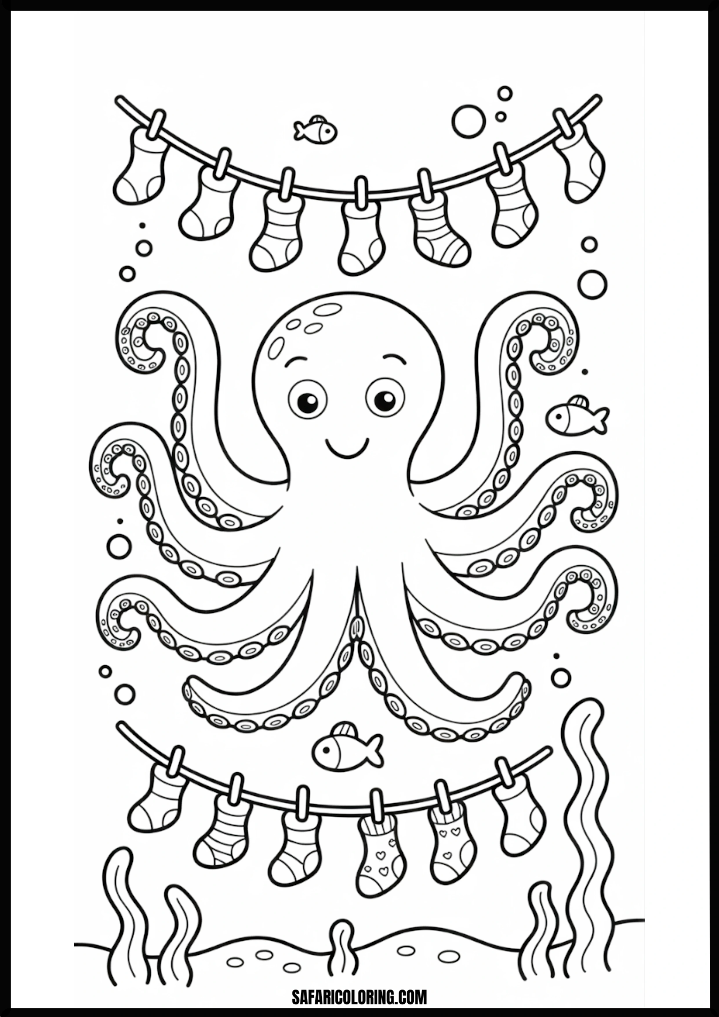 Octopus Christmas Stockings Printable Coloring Sheet An outline drawing of a octopus christmas for coloring.