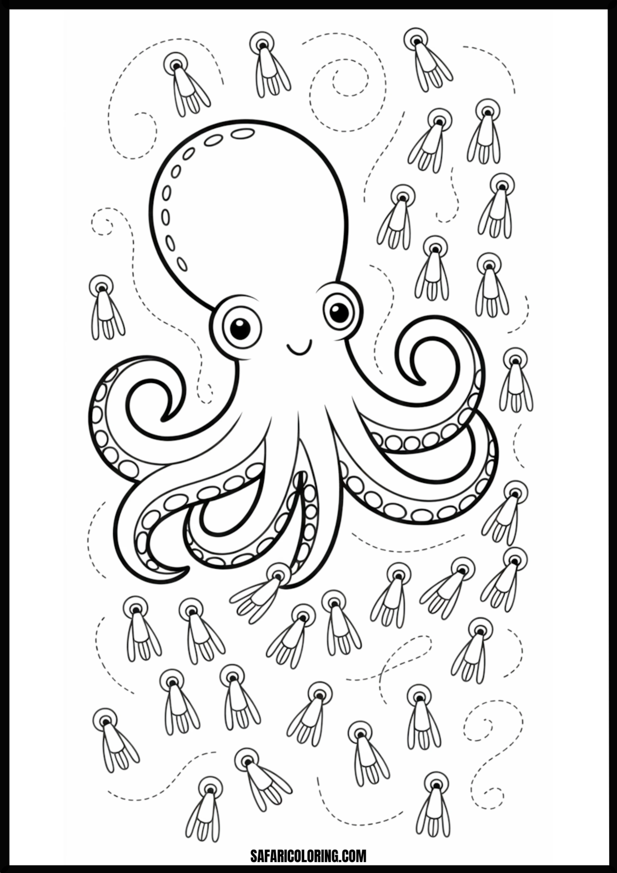 Octopus & Tracing Activity Printable Coloring Sheet An outline drawing of a octopus tracing activity for coloring.