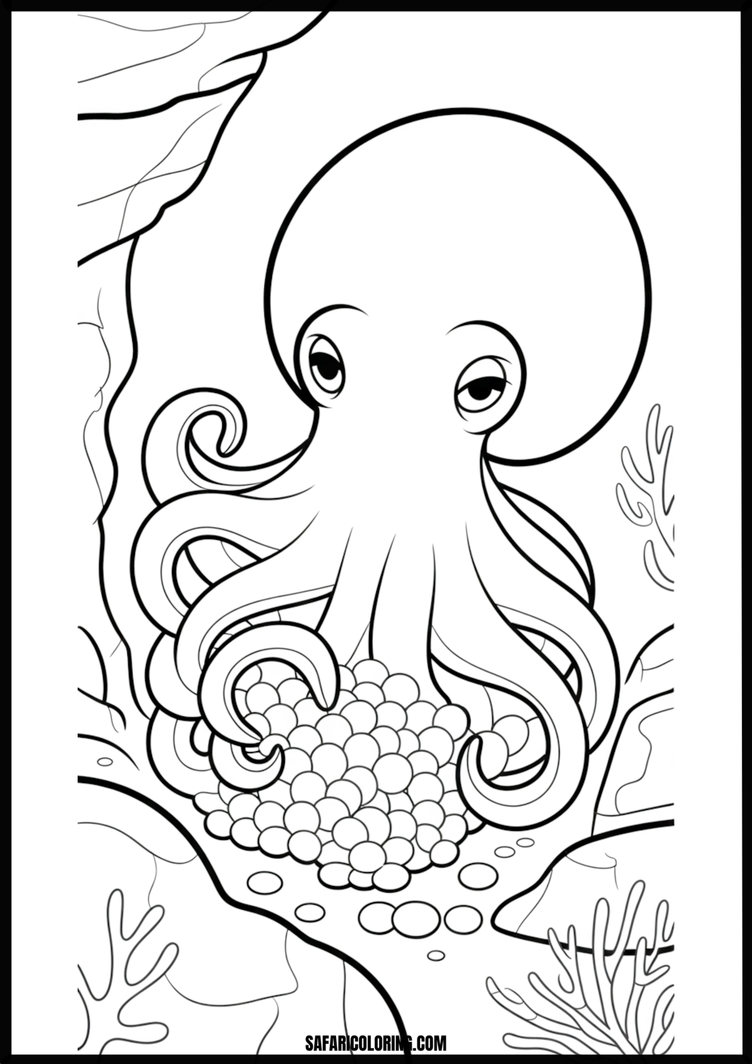 Octopus Mother Guarding Eggs Printable Coloring Sheet An outline drawing of a octopus family for coloring.