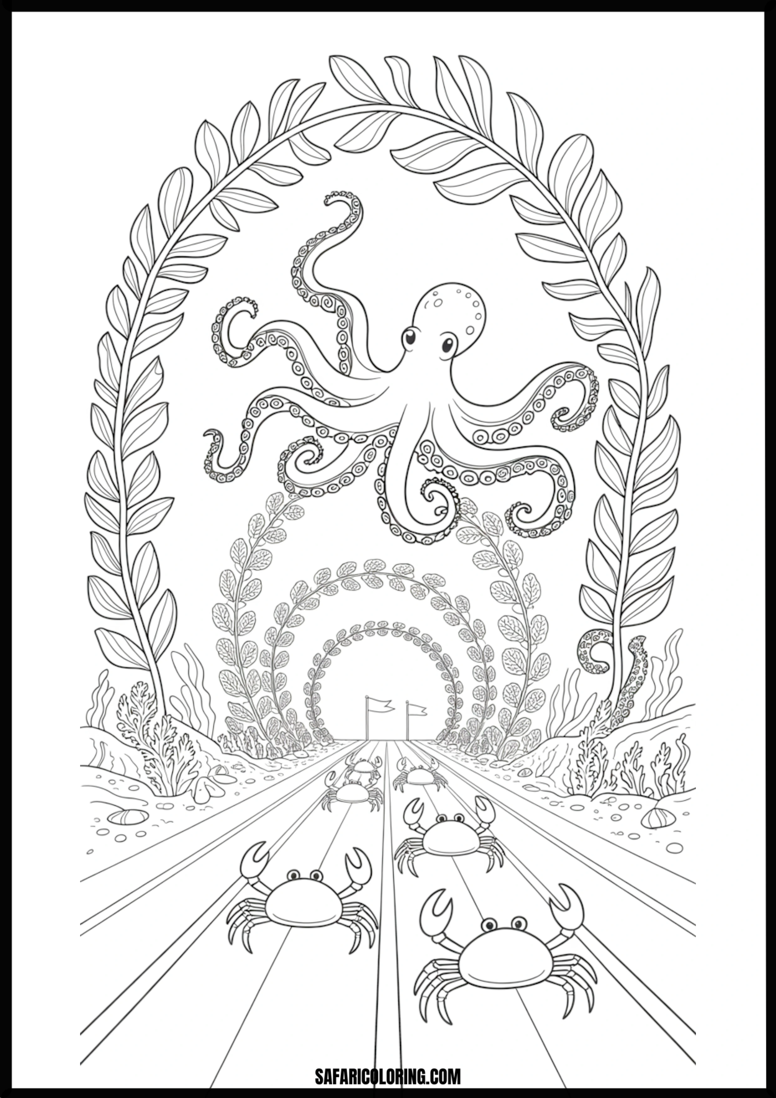 Octopus Oversees Underwater Crab Race Printable Coloring Sheet An outline drawing of a octopus crab race for coloring.