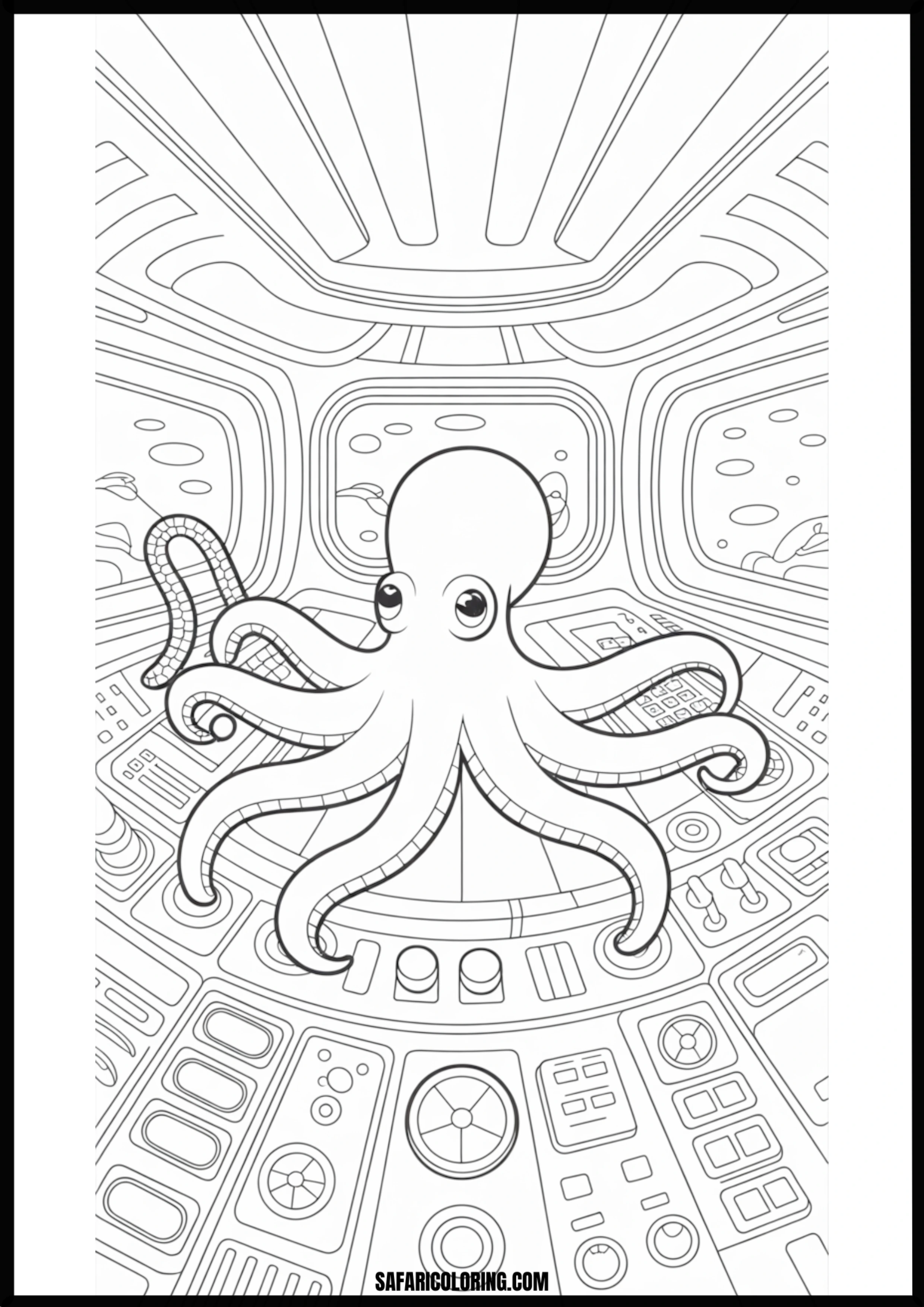 Octopus Pilot Spaceship Printable Coloring Sheet An outline drawing of a octopus spaceship pilot for coloring.