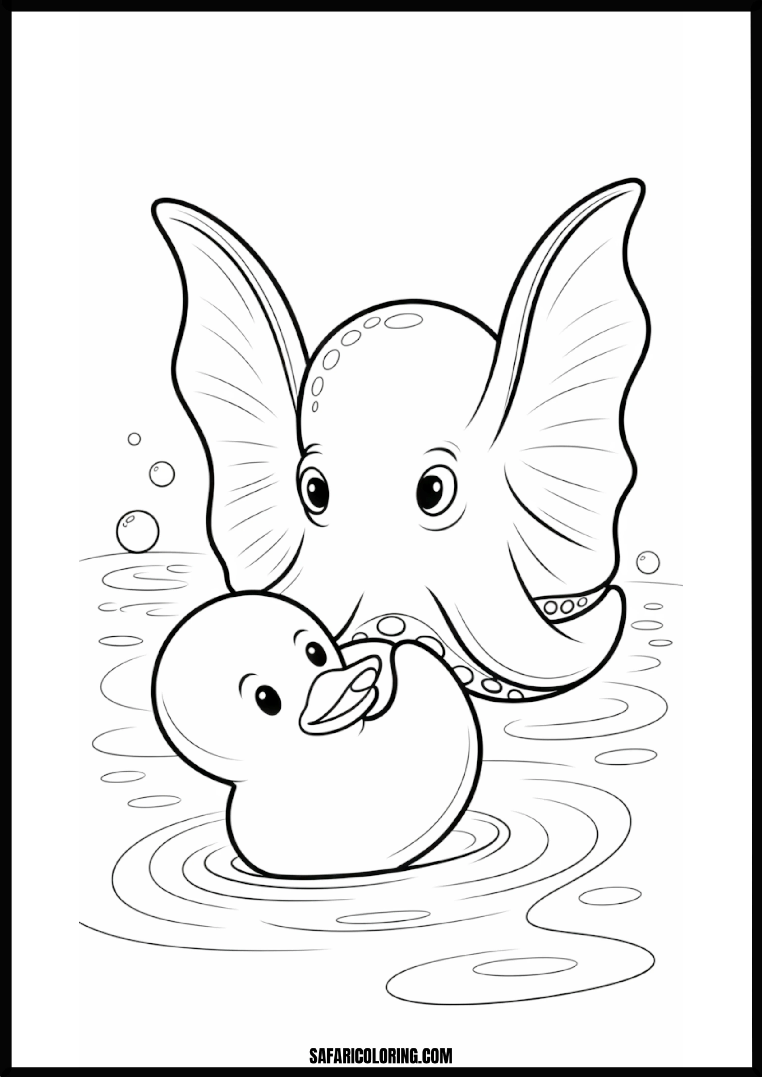 Octopus & Duck In Water Printable Coloring Sheet An outline drawing of a octopus duck for coloring.