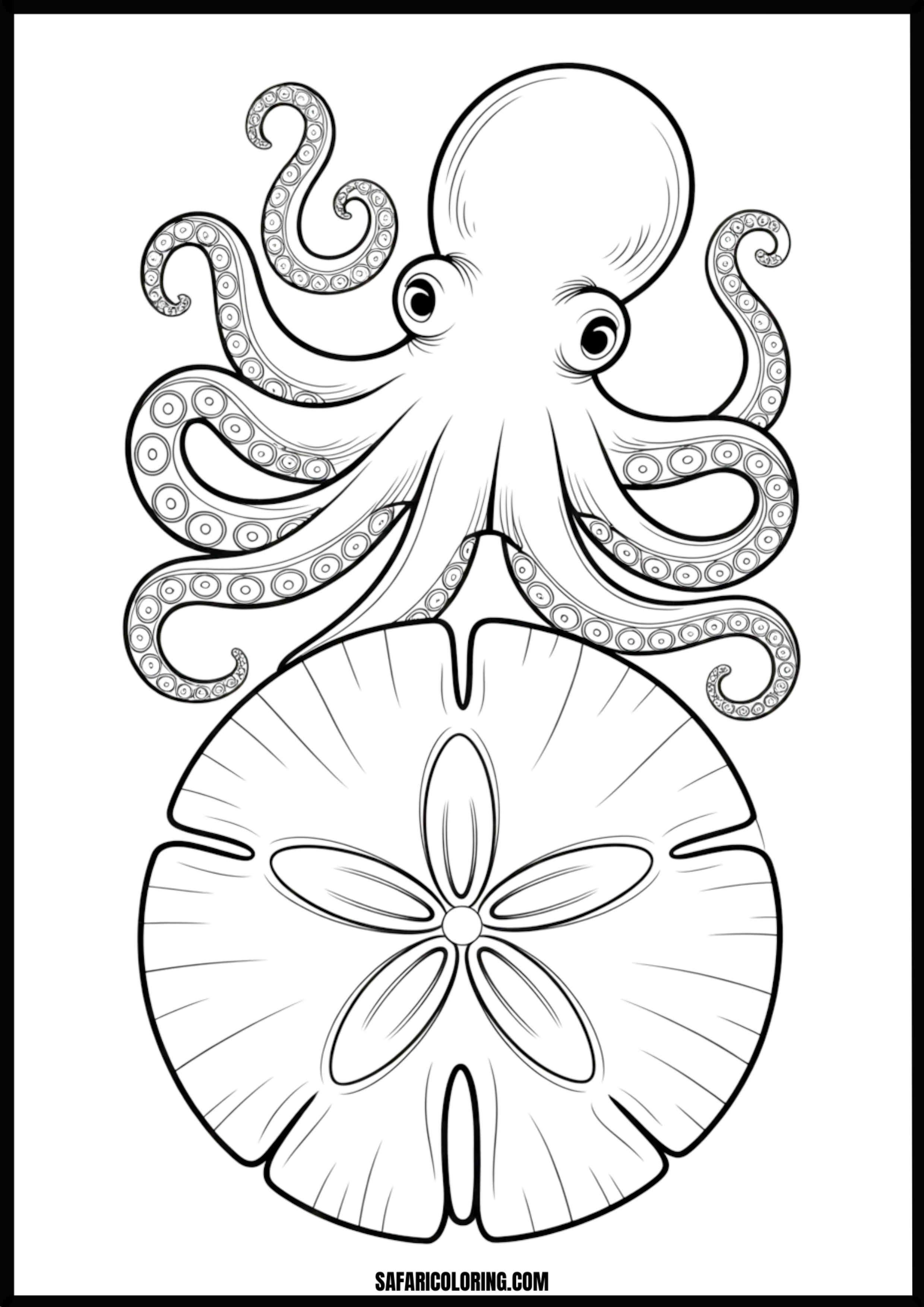 Octopus & Sand Dollar Printable Coloring Sheet An outline drawing of a octopus sand dollar for coloring.