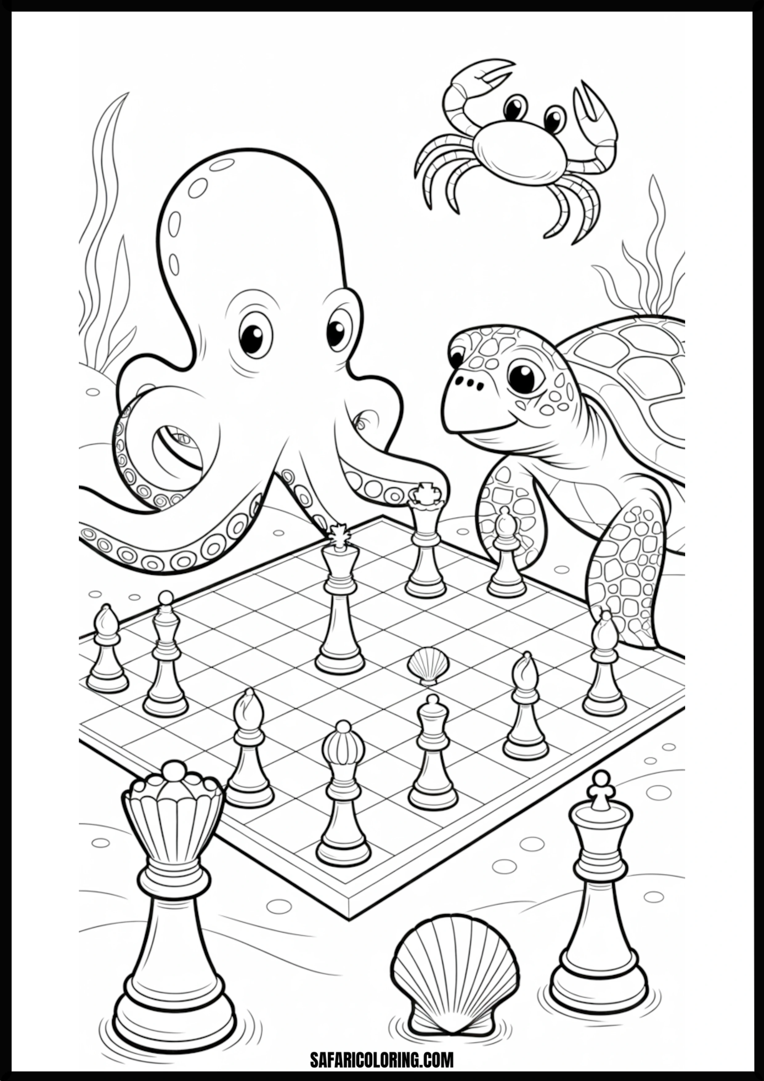 Octopus & Turtle Play Chess Underwater Printable Coloring Sheet An outline drawing of a octopus playing chess for coloring.
