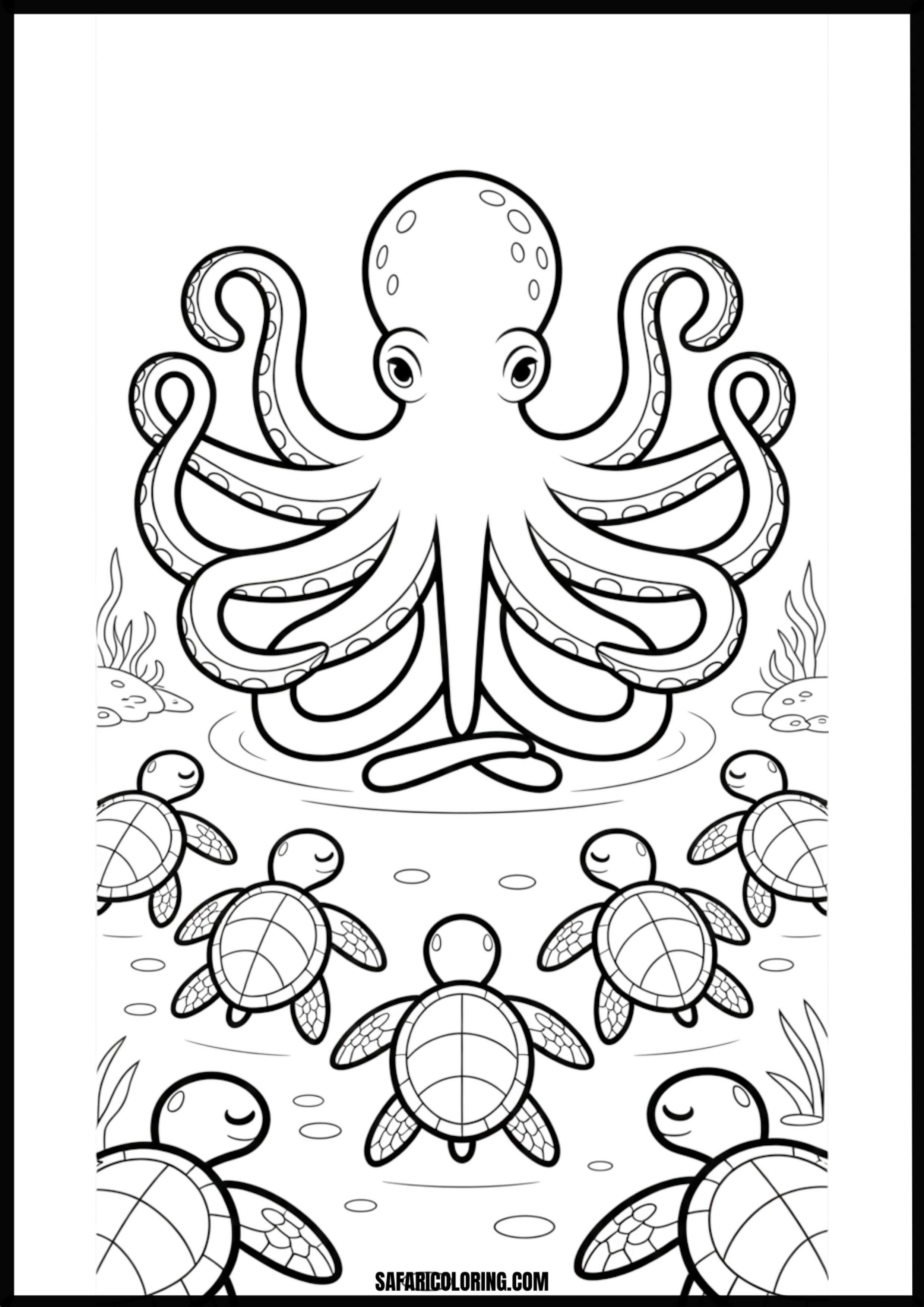 Octopus & Baby Turtles Printable Coloring Sheet An outline drawing of a octopus baby turtles for coloring.