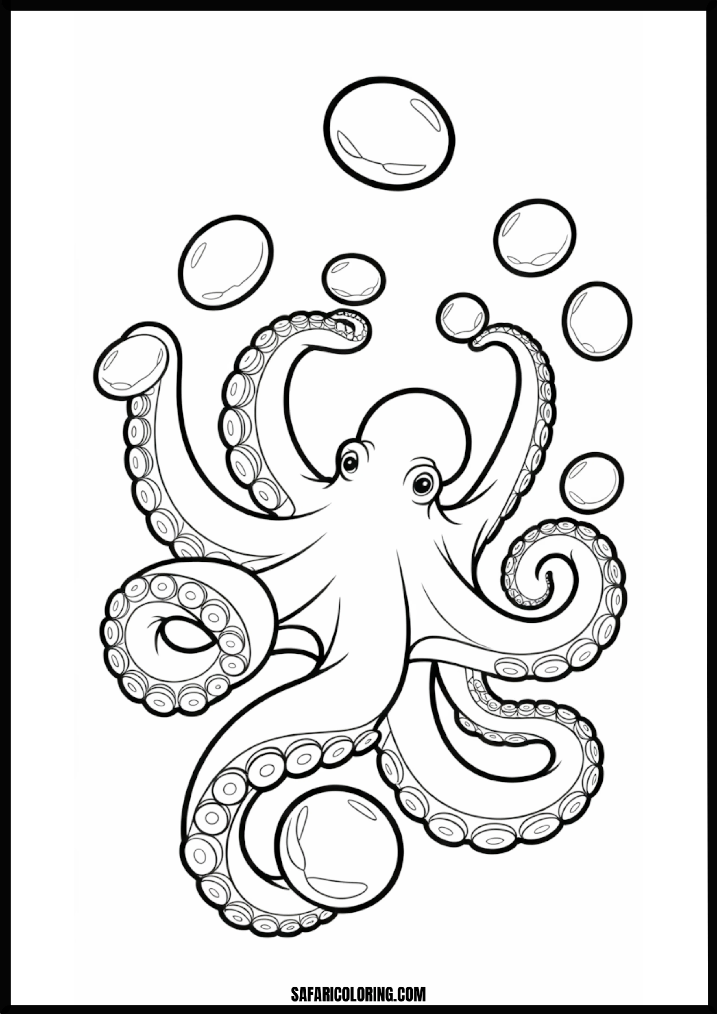 Octopus & Bubbles Printable Coloring Sheet An outline drawing of a octopus bubbles for coloring.