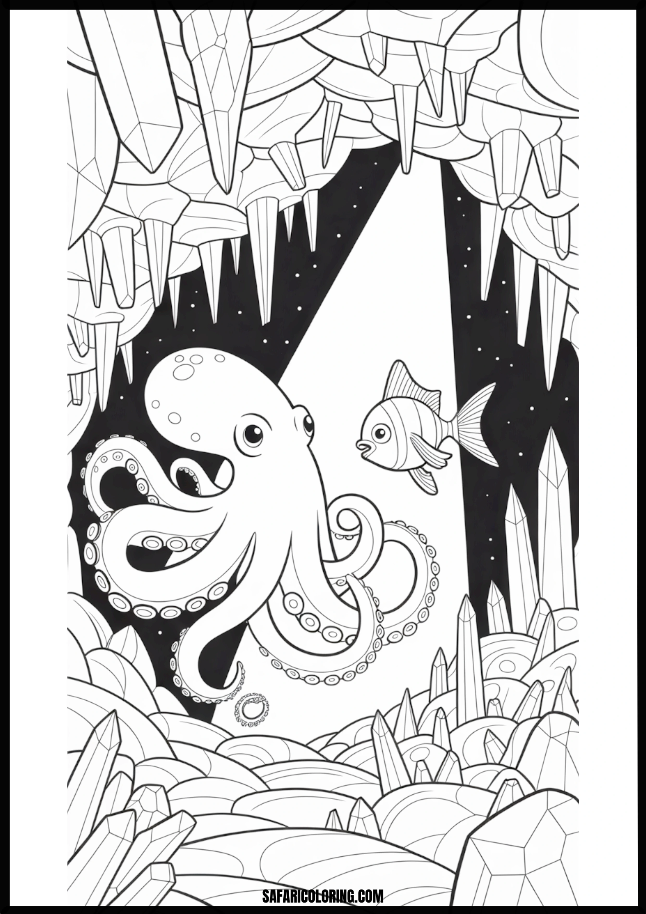 Octopus & Fish Explore Glowing Crystal Cave Printable Coloring Sheet An outline drawing of a octopus fish crystal cave for coloring.