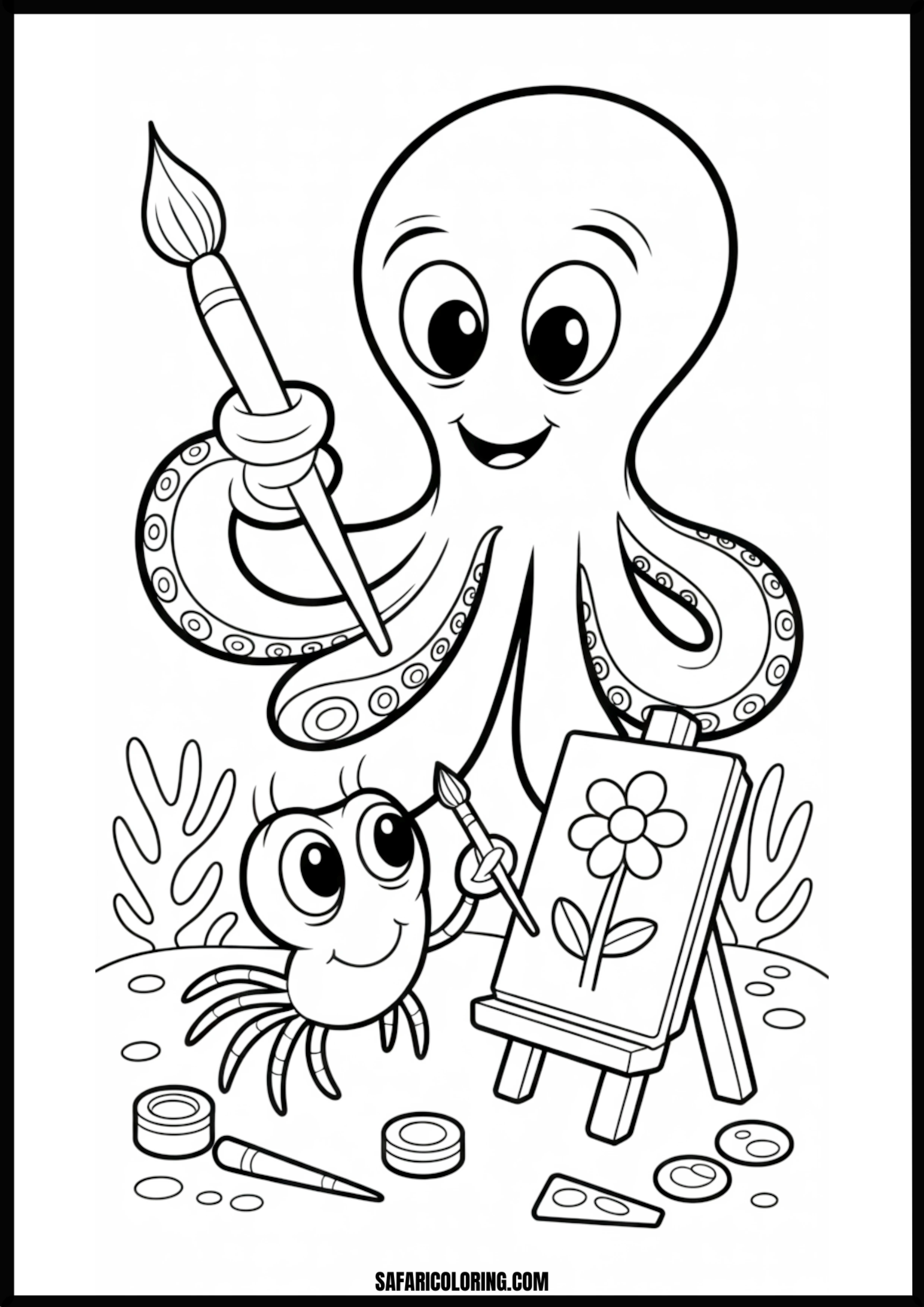 Octopus & Friend Painting Underwater Art Printable Coloring Sheet An outline drawing of a octopus artistic for coloring.