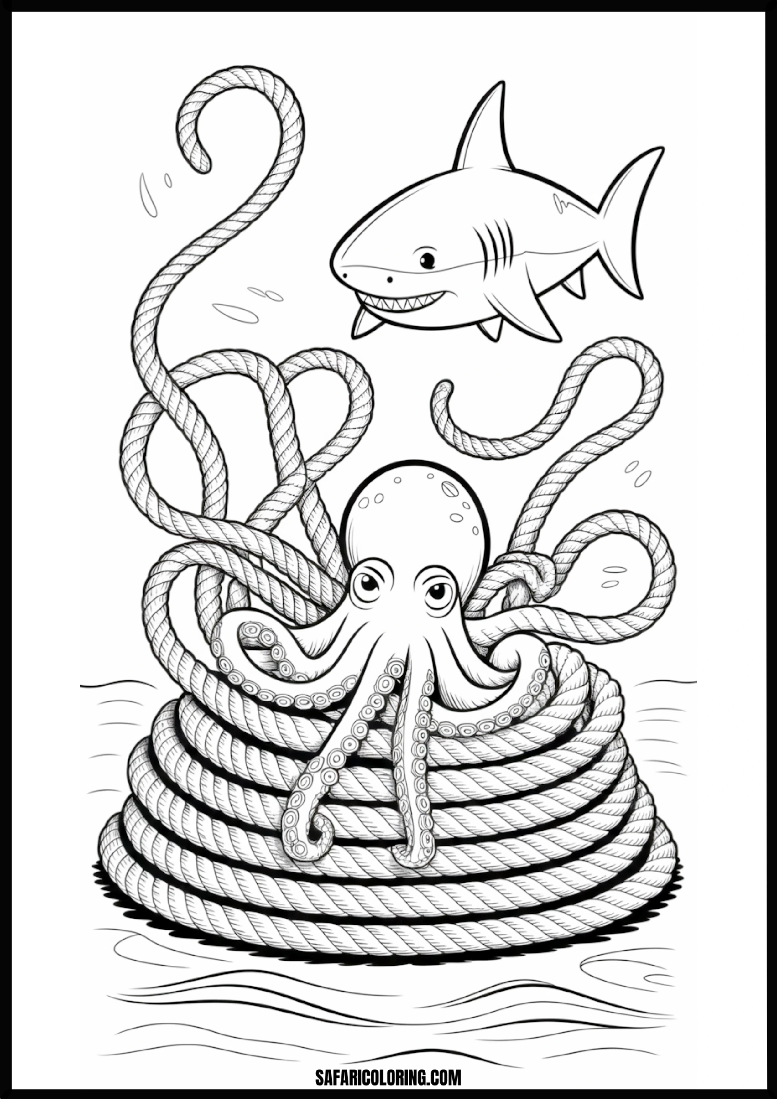 Octopus & Shark With Coiled Rope Printable Coloring Sheet An outline drawing of a octopus shark for coloring.