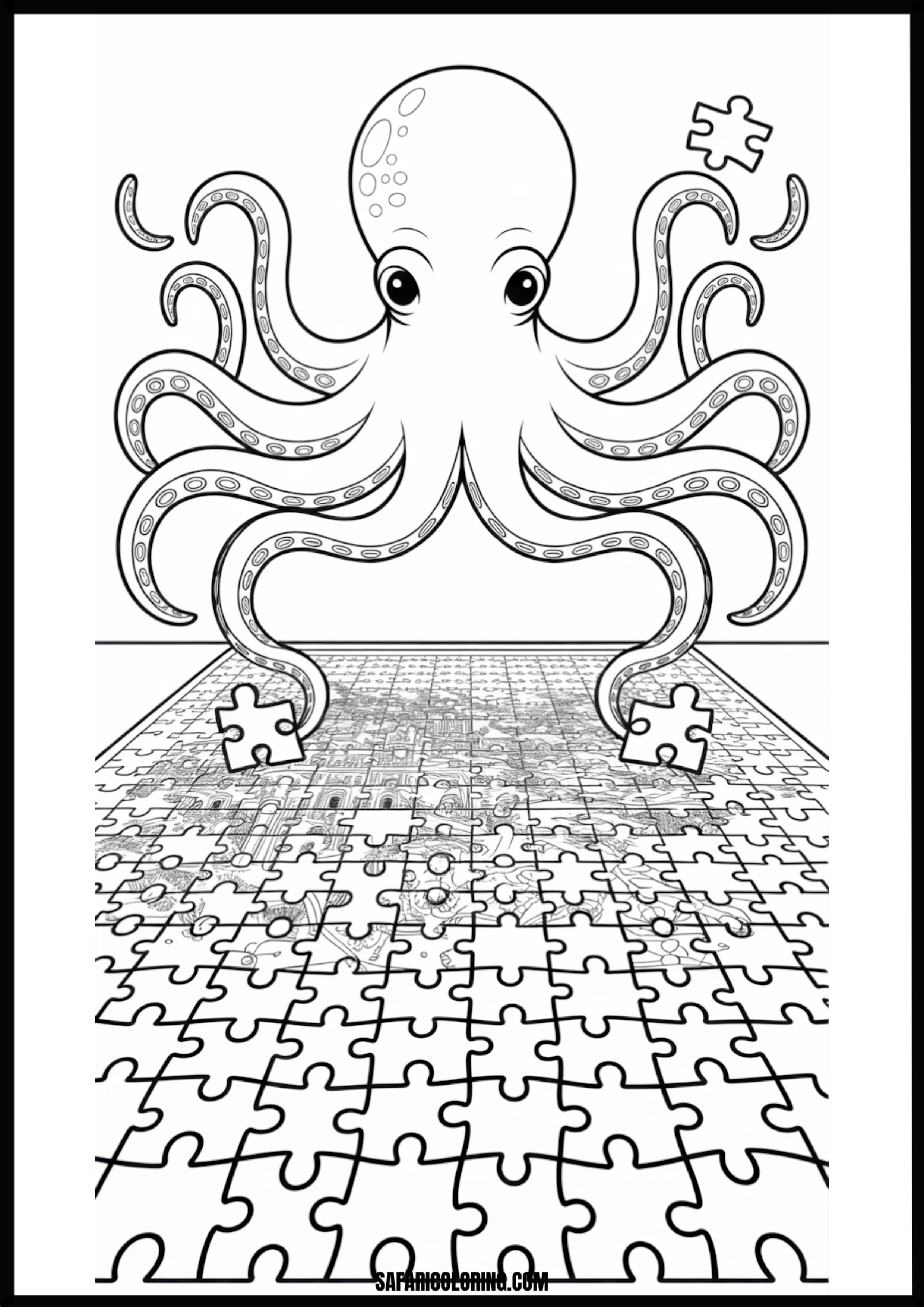 Octopus Assembling A City Puzzle Printable Coloring Sheet An outline drawing of a octopus puzzle for coloring.