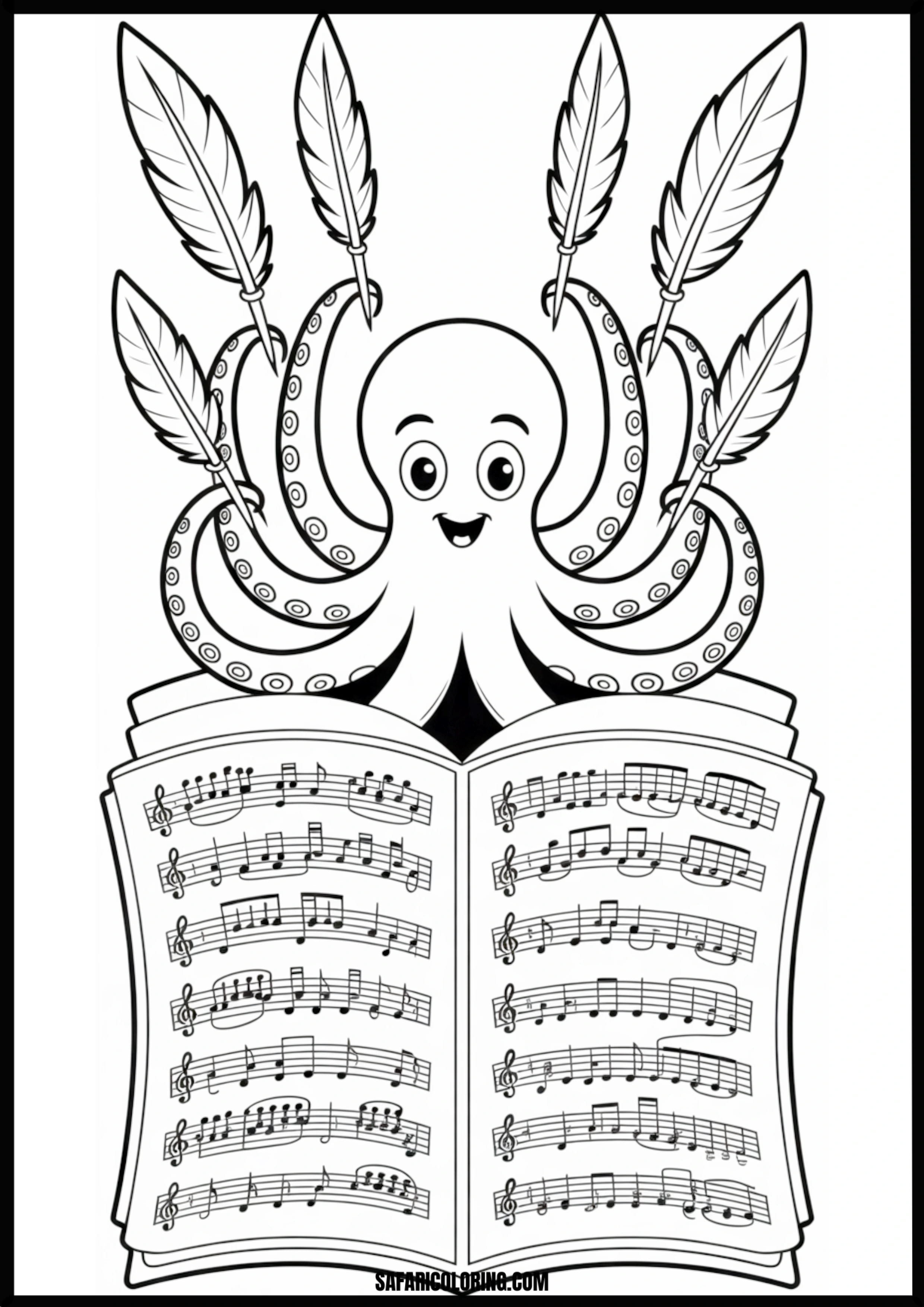Octopus Composing Music With Quills Printable Coloring Sheet An outline drawing of a octopus writing quills for coloring.