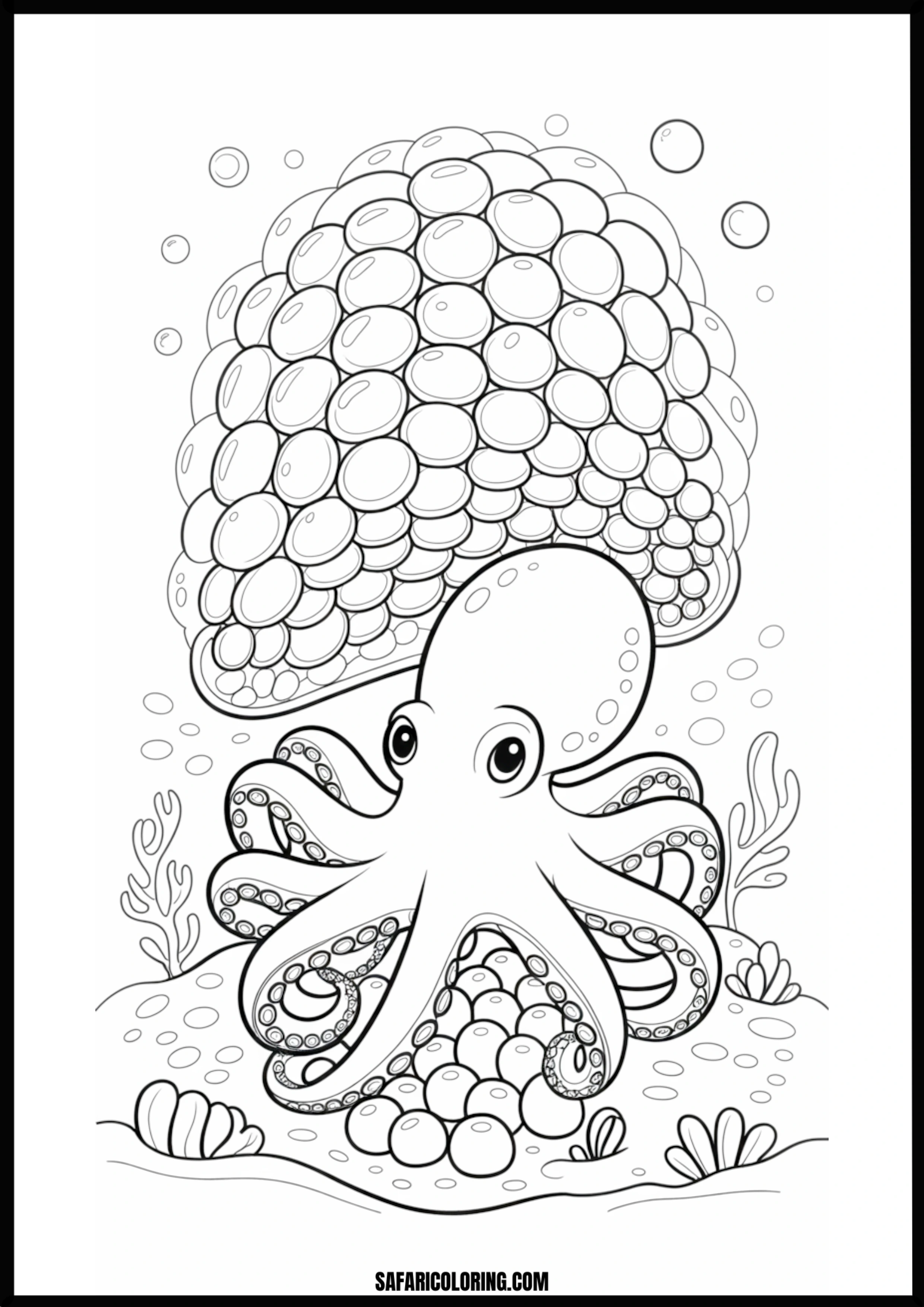 Octopus Guarding Eggs Printable Coloring Sheet An outline drawing of a octopus family for coloring.