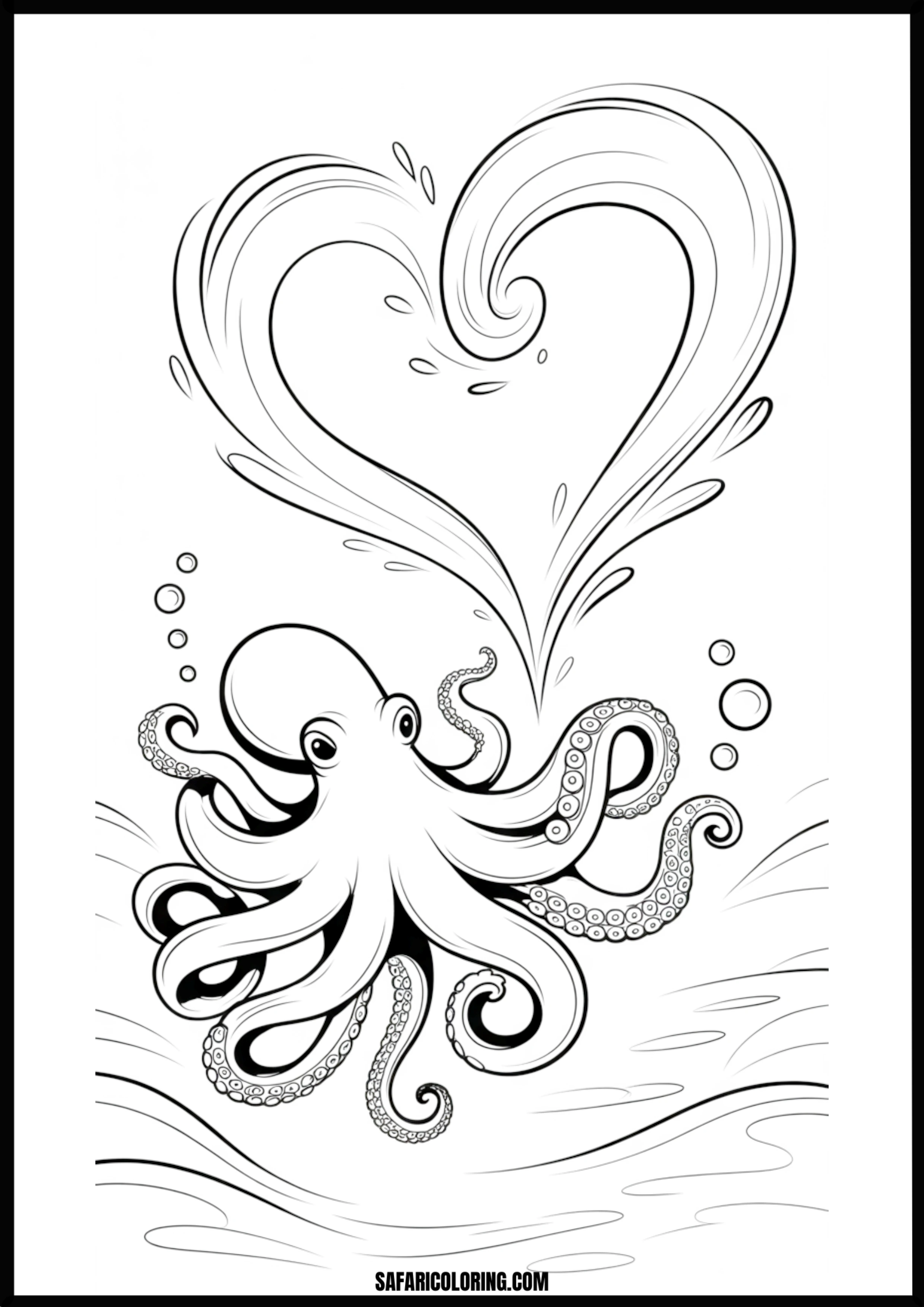 Octopus Heart Water Splash Printable Coloring Sheet An outline drawing of a octopus heart shape for coloring.