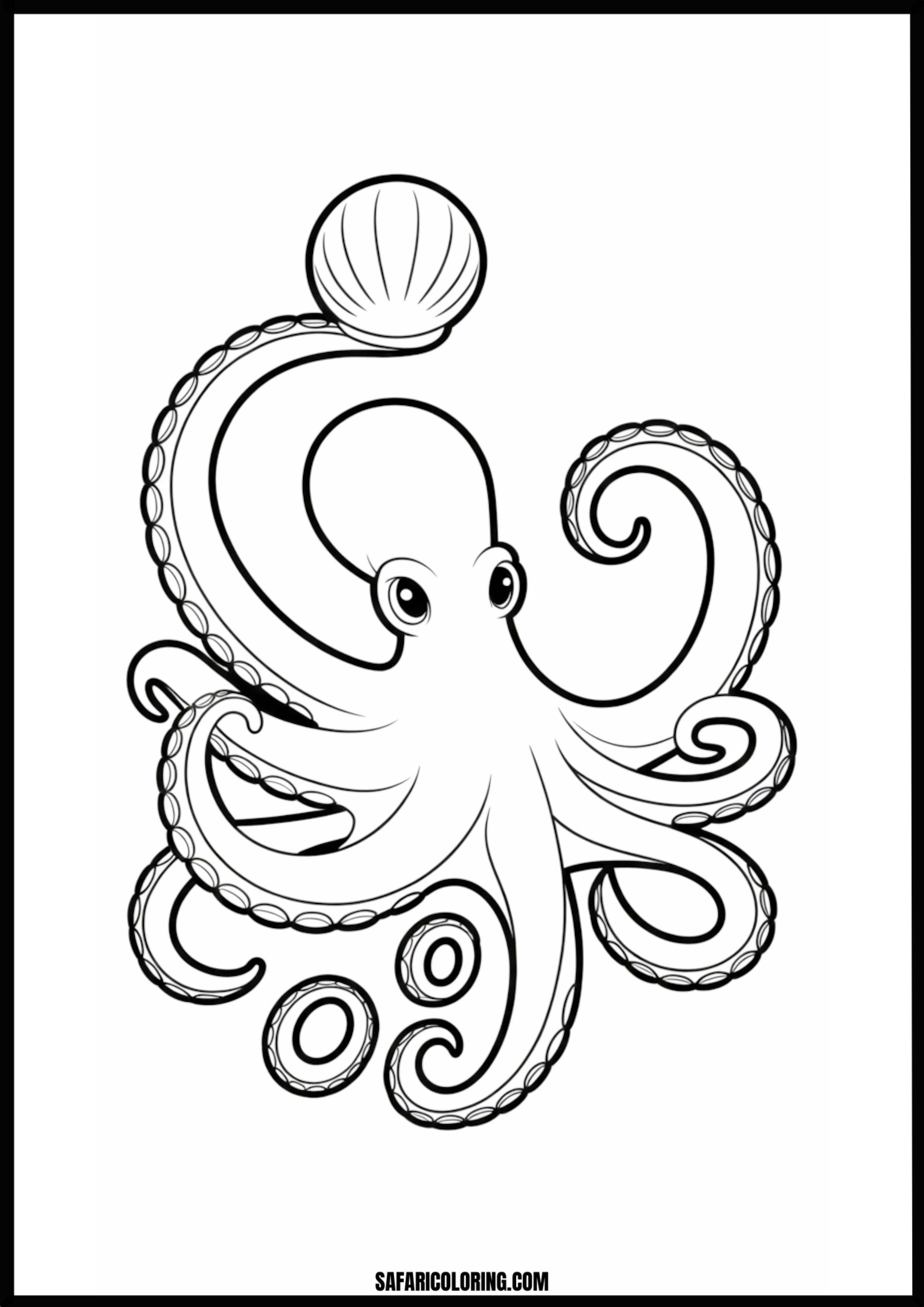 Octopus Holding Seashell Printable Coloring Sheet An outline drawing of a octopus seashell for coloring.
