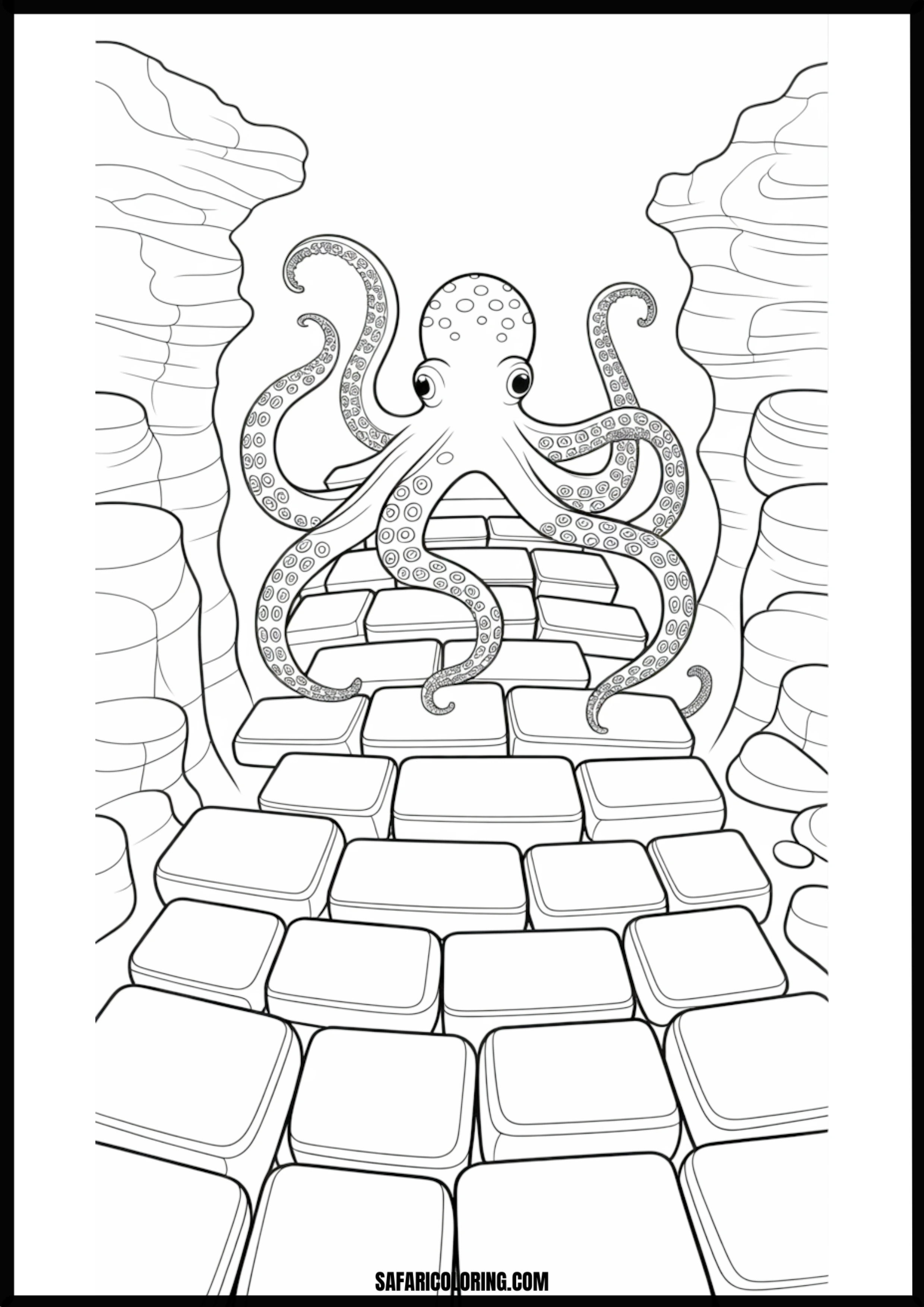 Octopus On An Undersea Stone Path Printable Coloring Sheet An outline drawing of a octopus stone path for coloring.