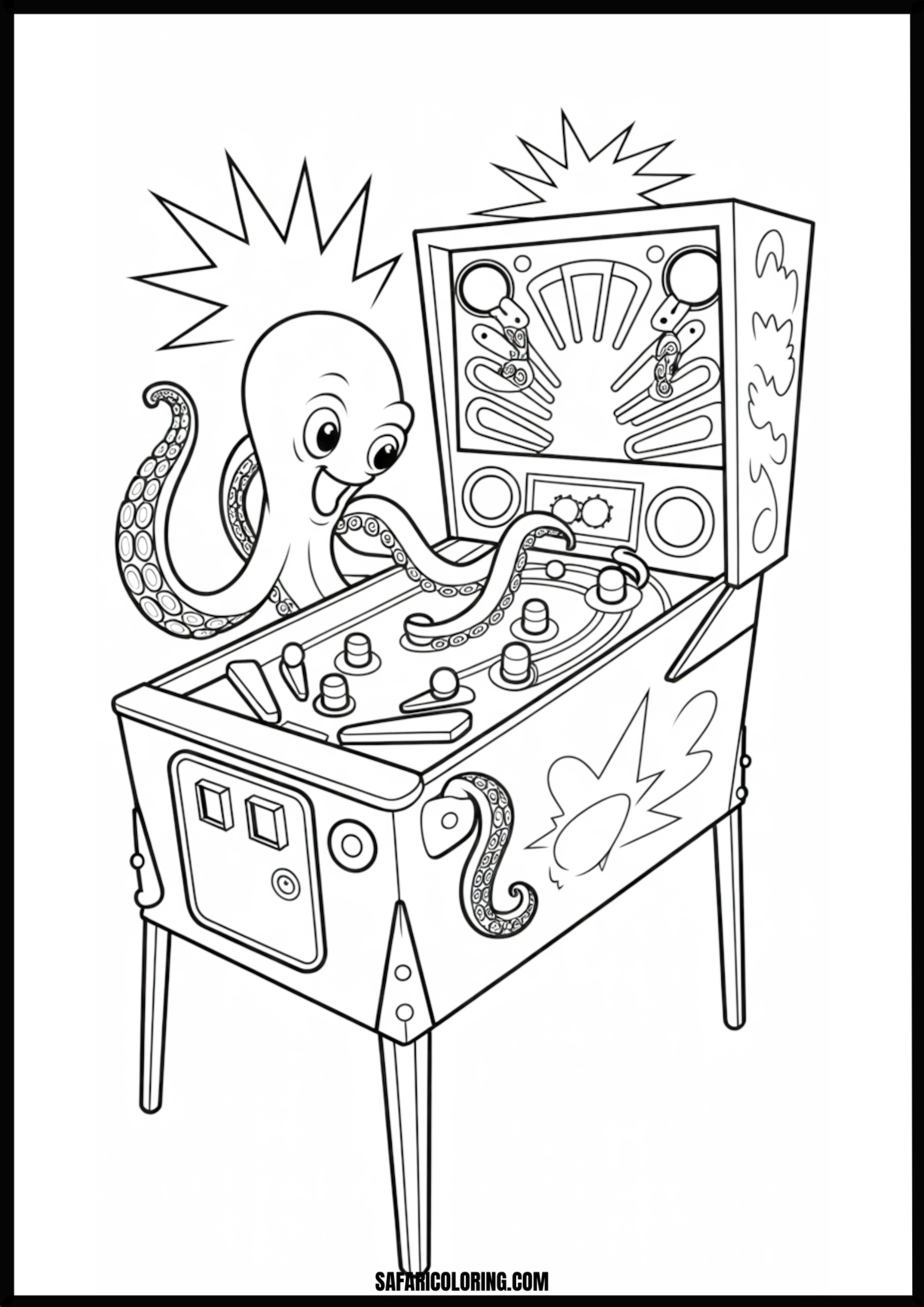 Octopus Playing Pinball Printable Coloring Sheet An outline drawing of a octopus playing pinball for coloring.