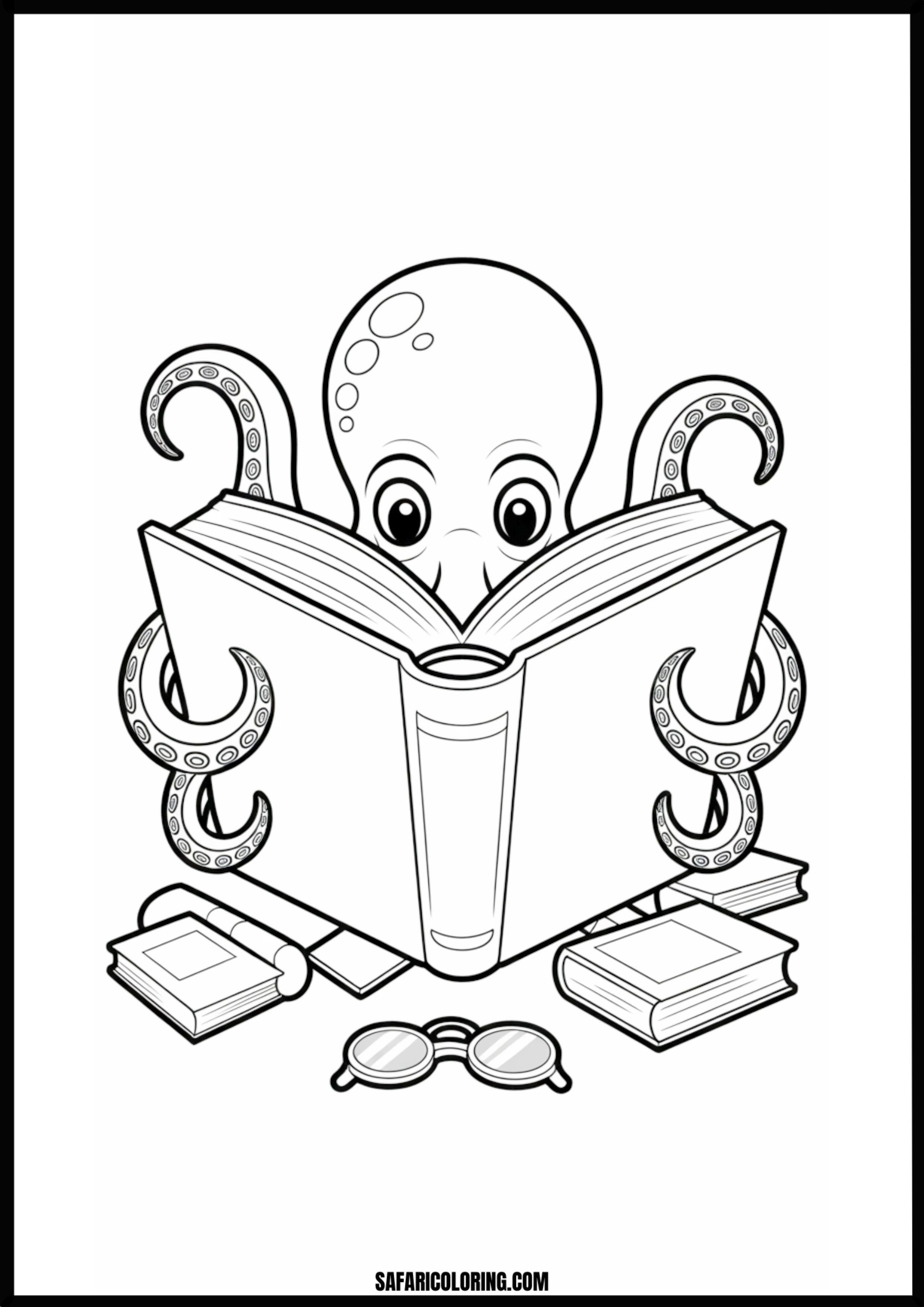 Octopus Reading Books With Glasses Printable Coloring Sheet An outline drawing of a octopus reading books for coloring.