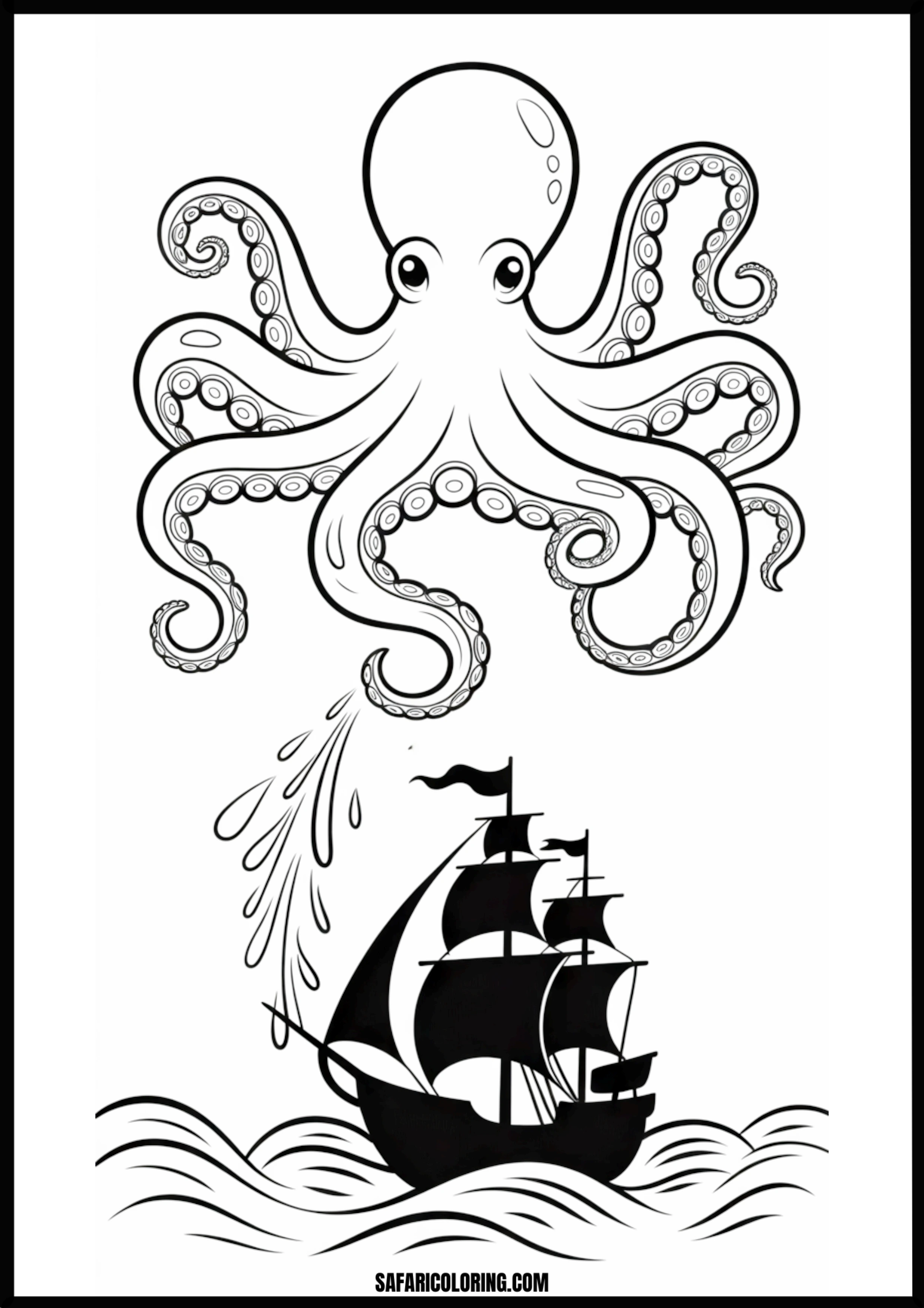 Octopus Spraying Ship Printable Coloring Sheet An outline drawing of a octopus spraying ship for coloring.