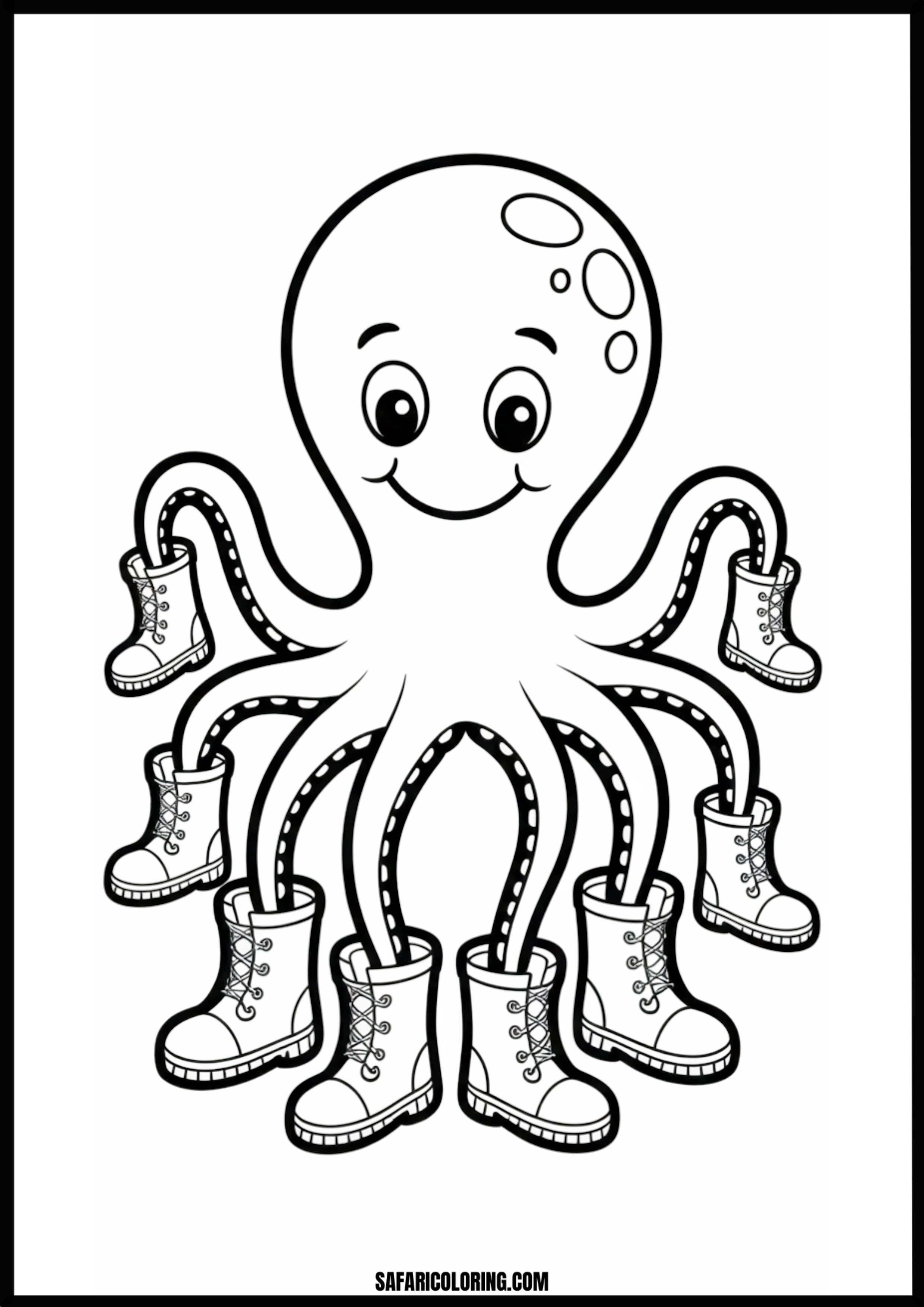 Octopus Wearing Eight Boots Printable Coloring Sheet An outline drawing of a octopus wearing boots for coloring.