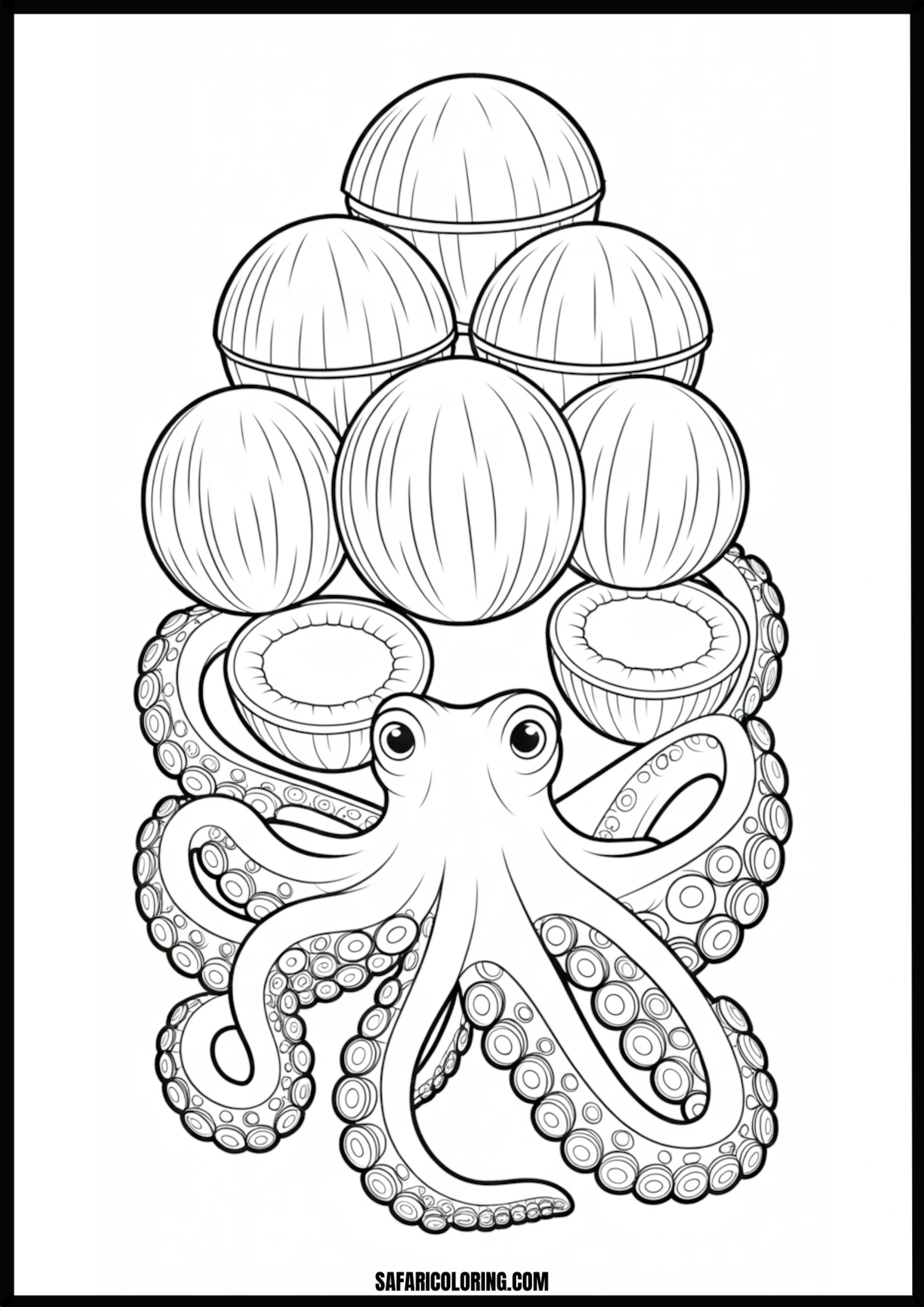 Octopus With Coconuts Printable Coloring Sheet An outline drawing of a octopus coconuts for coloring.