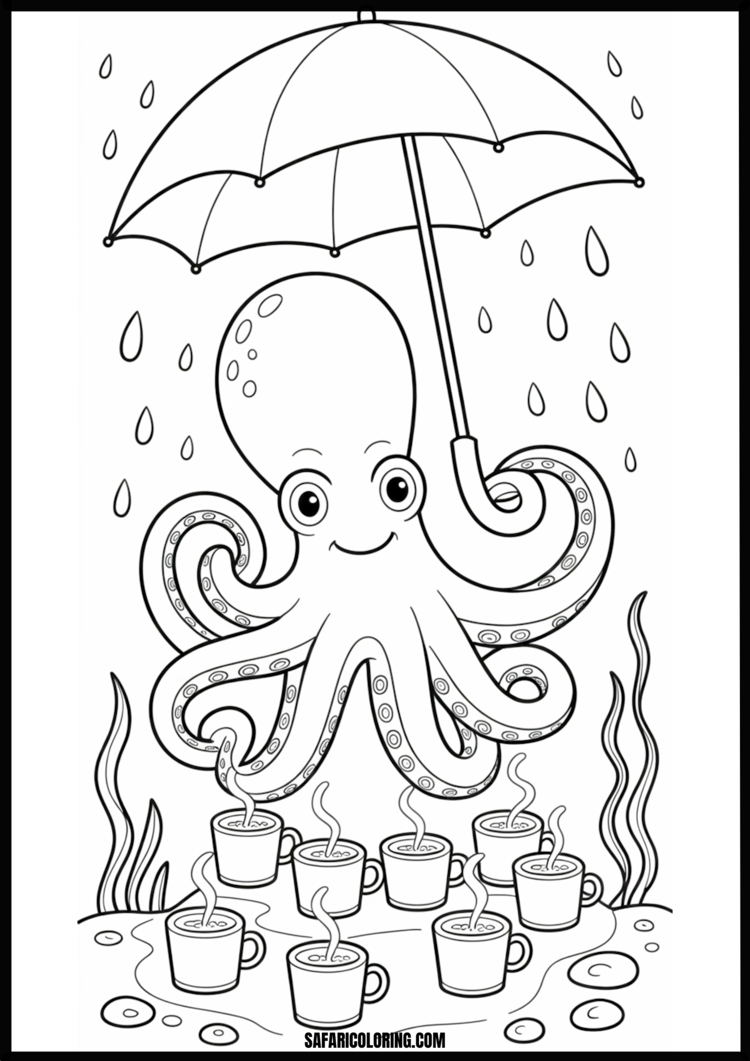 Octopus With Umbrella & Many Hot Coffee Cups Printable Coloring Sheet An outline drawing of a octopus umbrella and coffee for coloring.