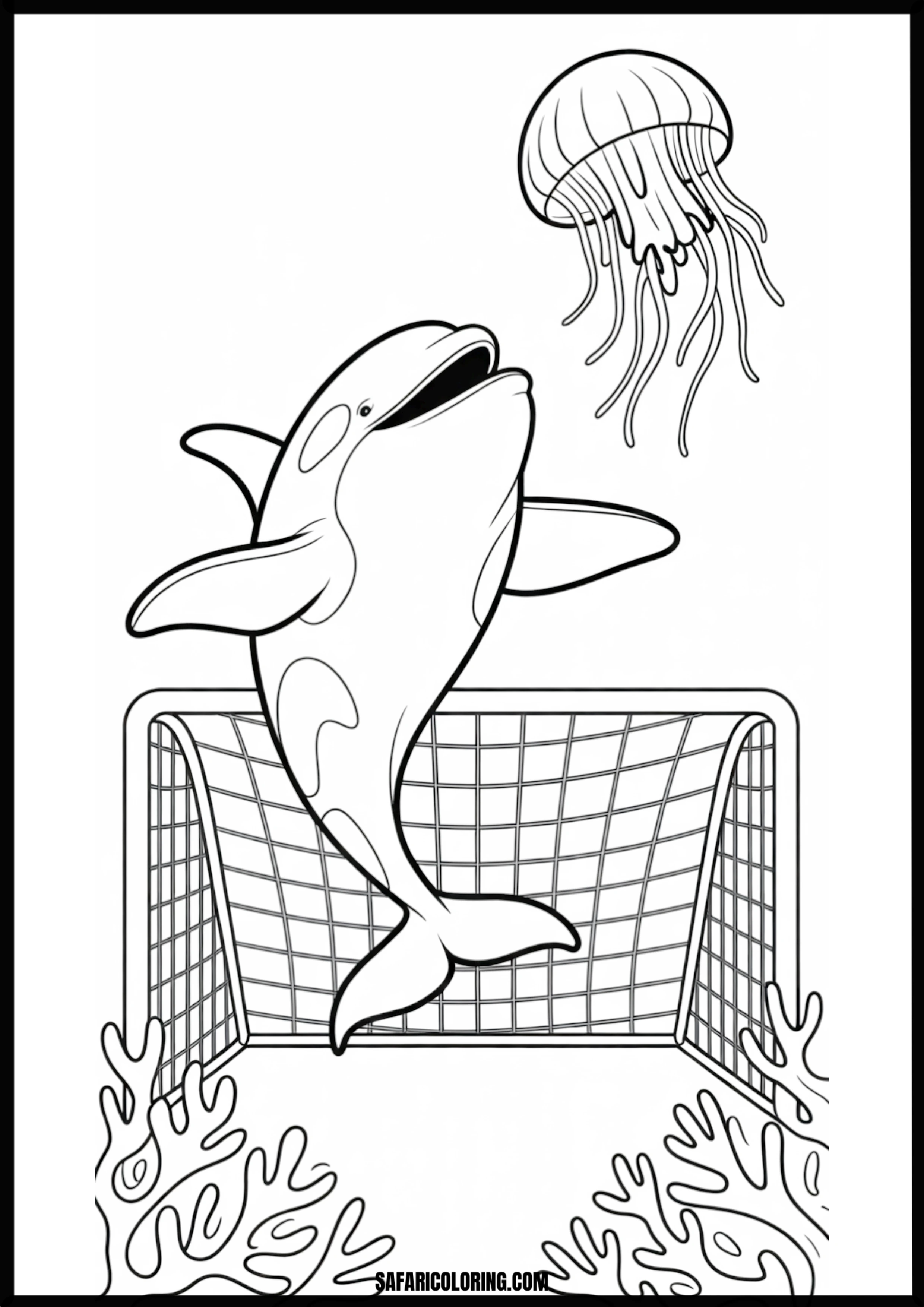 Orca Jumping from Goal Net with Jellyfish Coloring Coloring page of an orca jumping from a goal net with jellyfish.