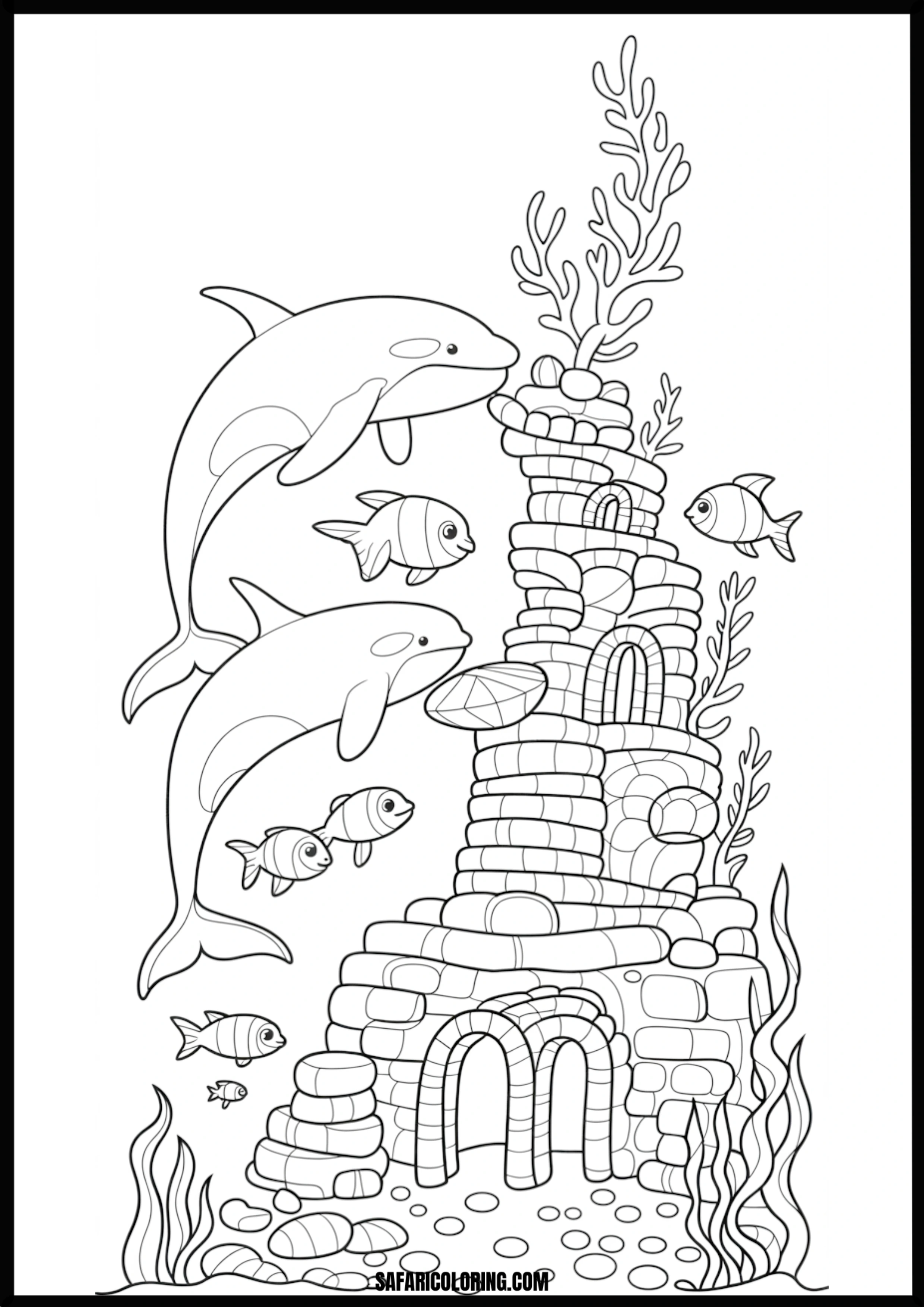 Orcas and Fish Exploring Underwater Ruins Coloring Coloring page of orcas and fish exploring underwater ruins.