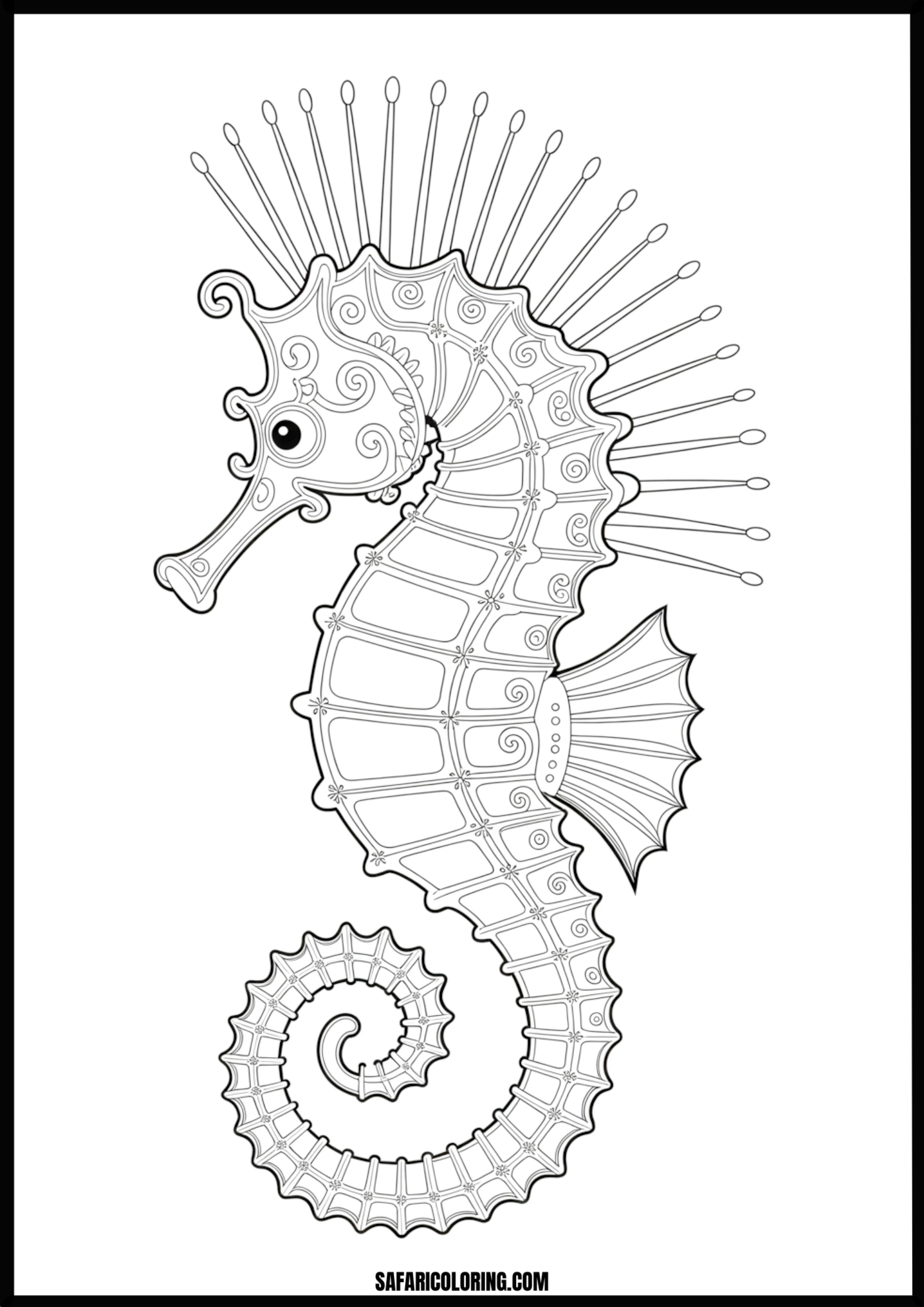 Printable Ornate Seahorse Coloring page of an ornate and detailed seahorse.