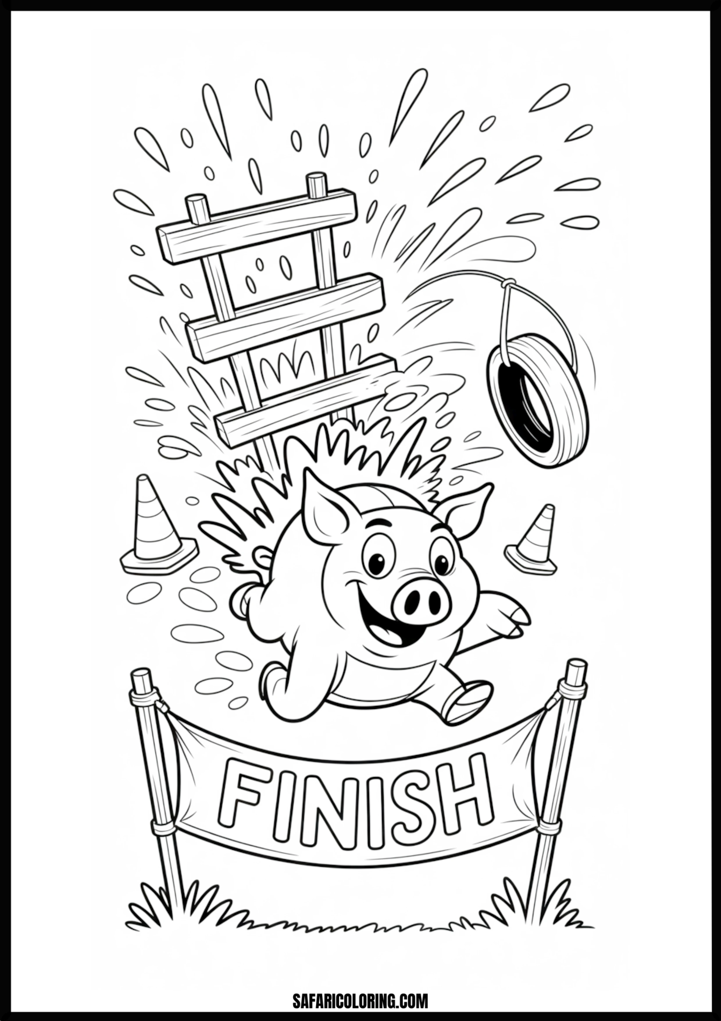 Cartoon pig making a big splash as it finishes an obstacle race