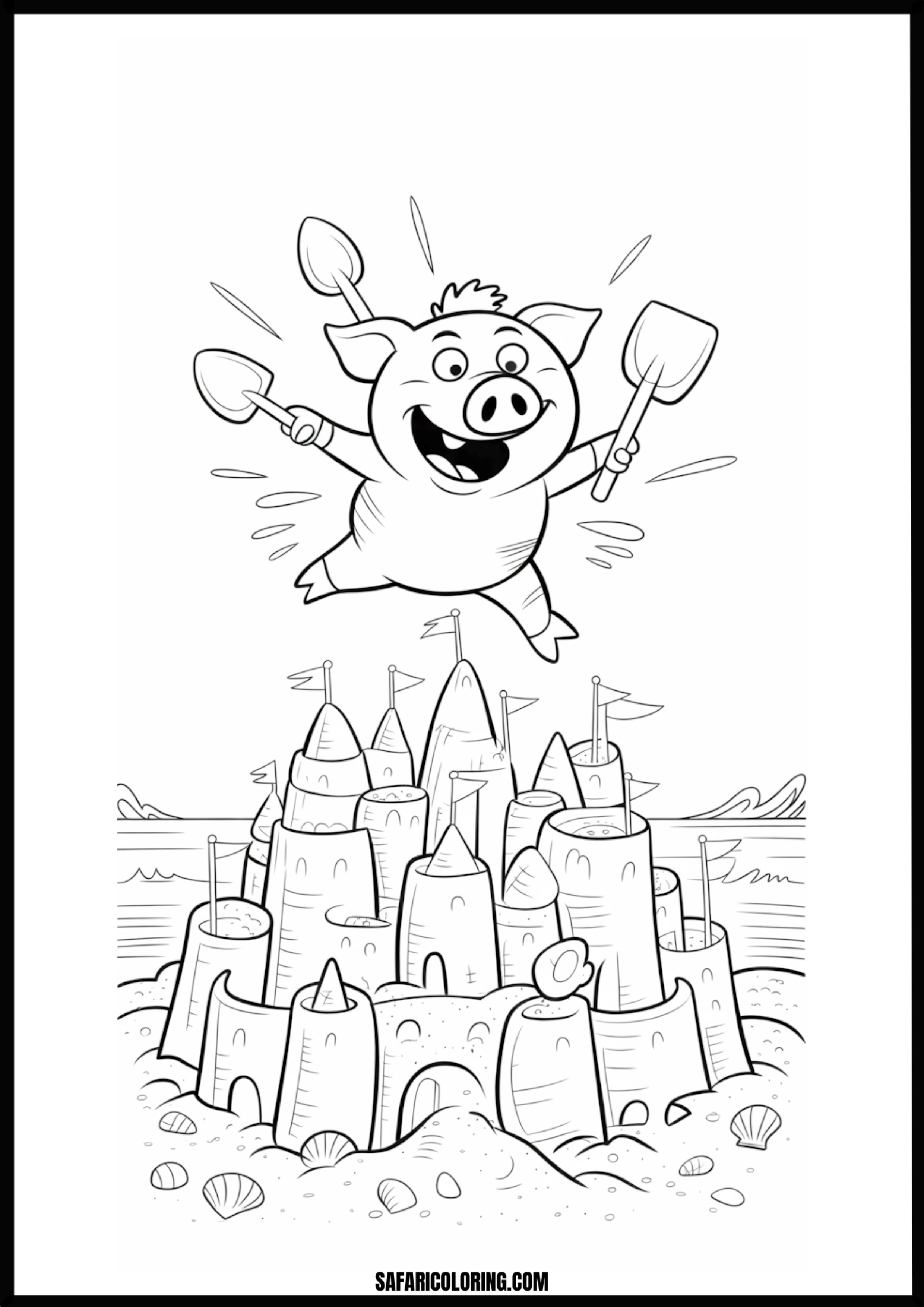 Cartoon pig jumping over a sandcastle, carrying two shovels